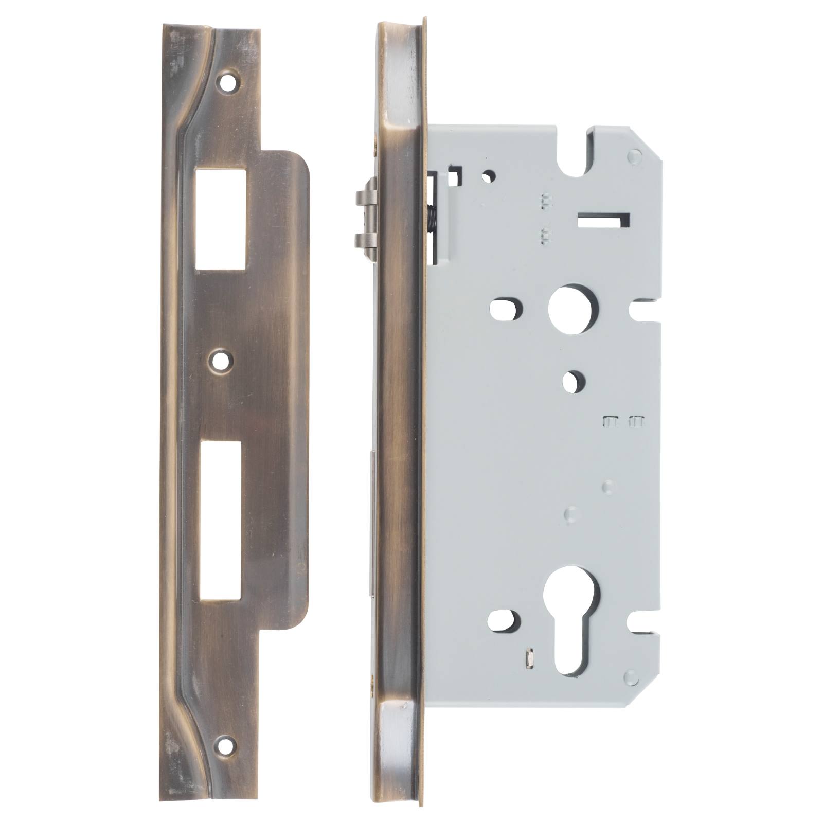 Rebated 85mm Roller Euro Mortice Locks 60mm Backset, Antique Brass