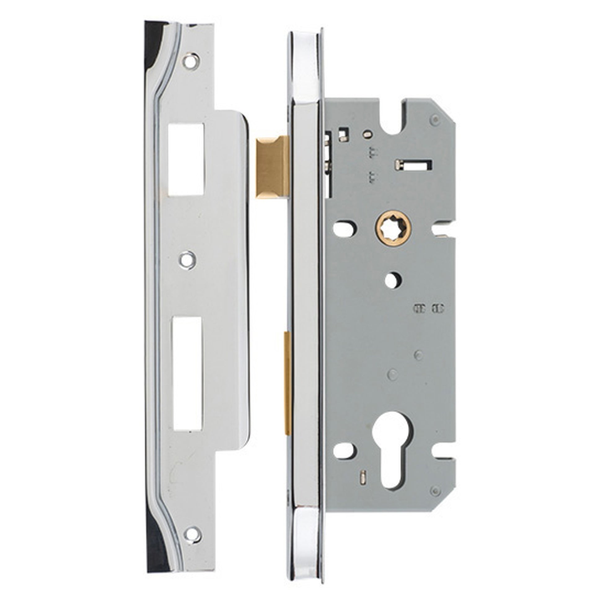 Mortice Lock Euro Rebated CTC85mm Backset 45mm Polished, Chrome