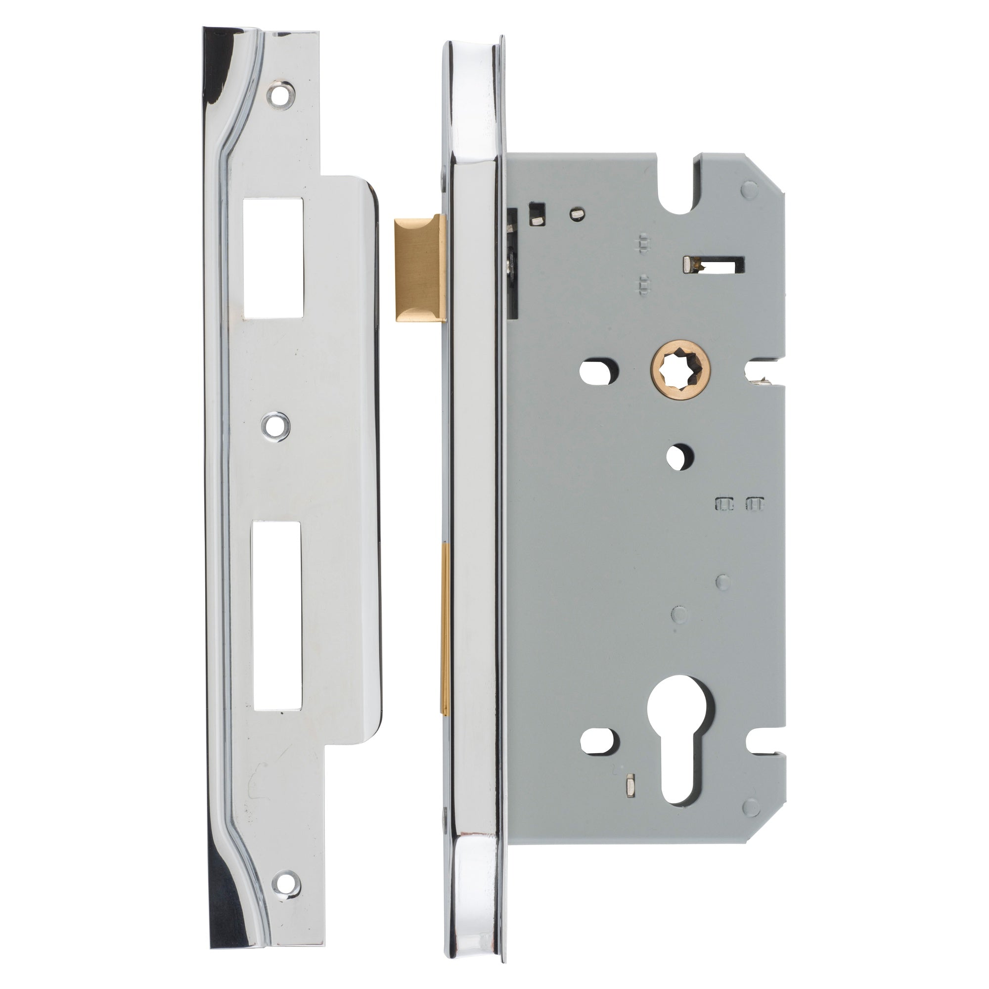 Mortice Lock Euro Rebated CTC85mm Backset 60mm Polished, Chrome