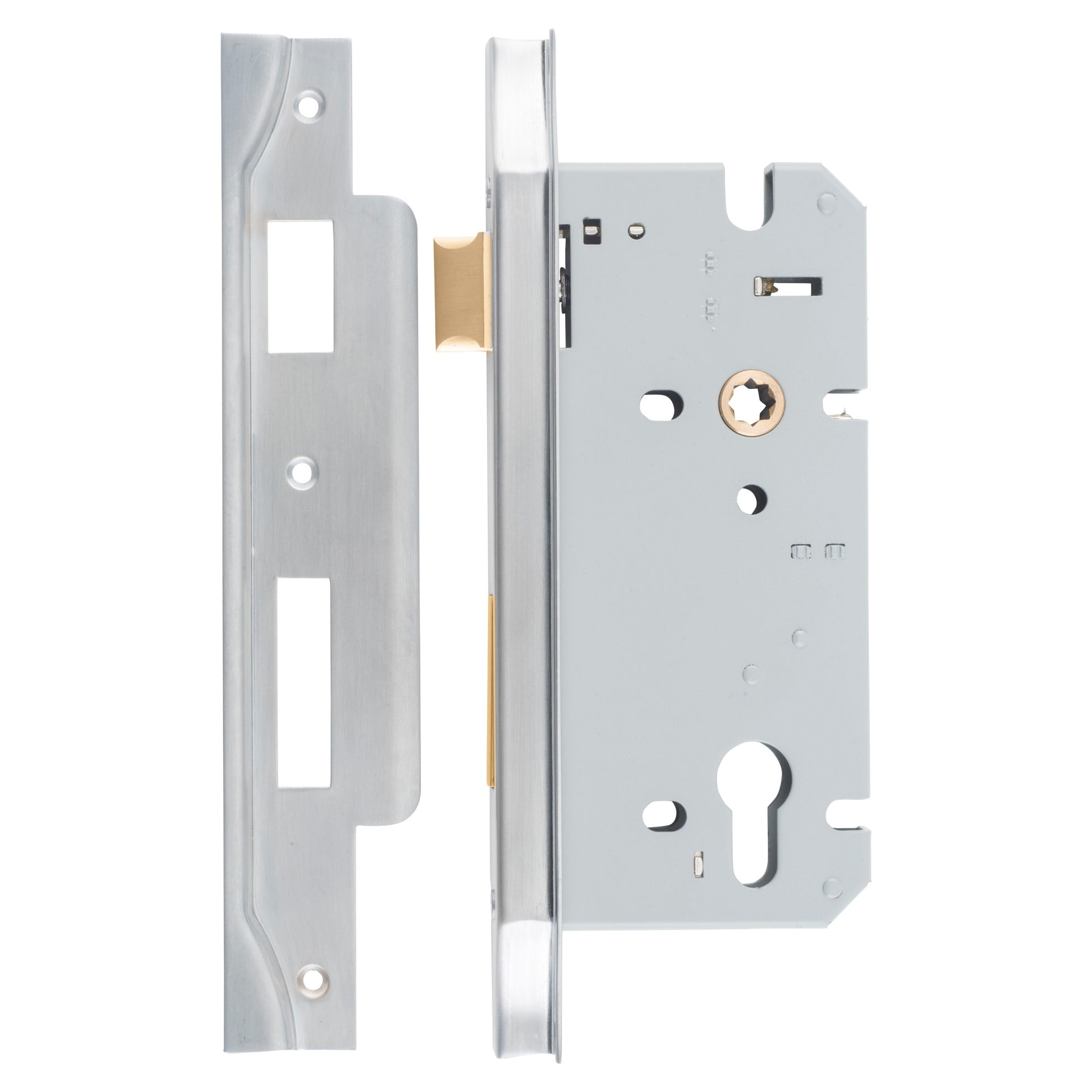 Mortice Lock Euro Rebated CTC85mm Backset 60mm Brushed Chrome, Satin Chrome