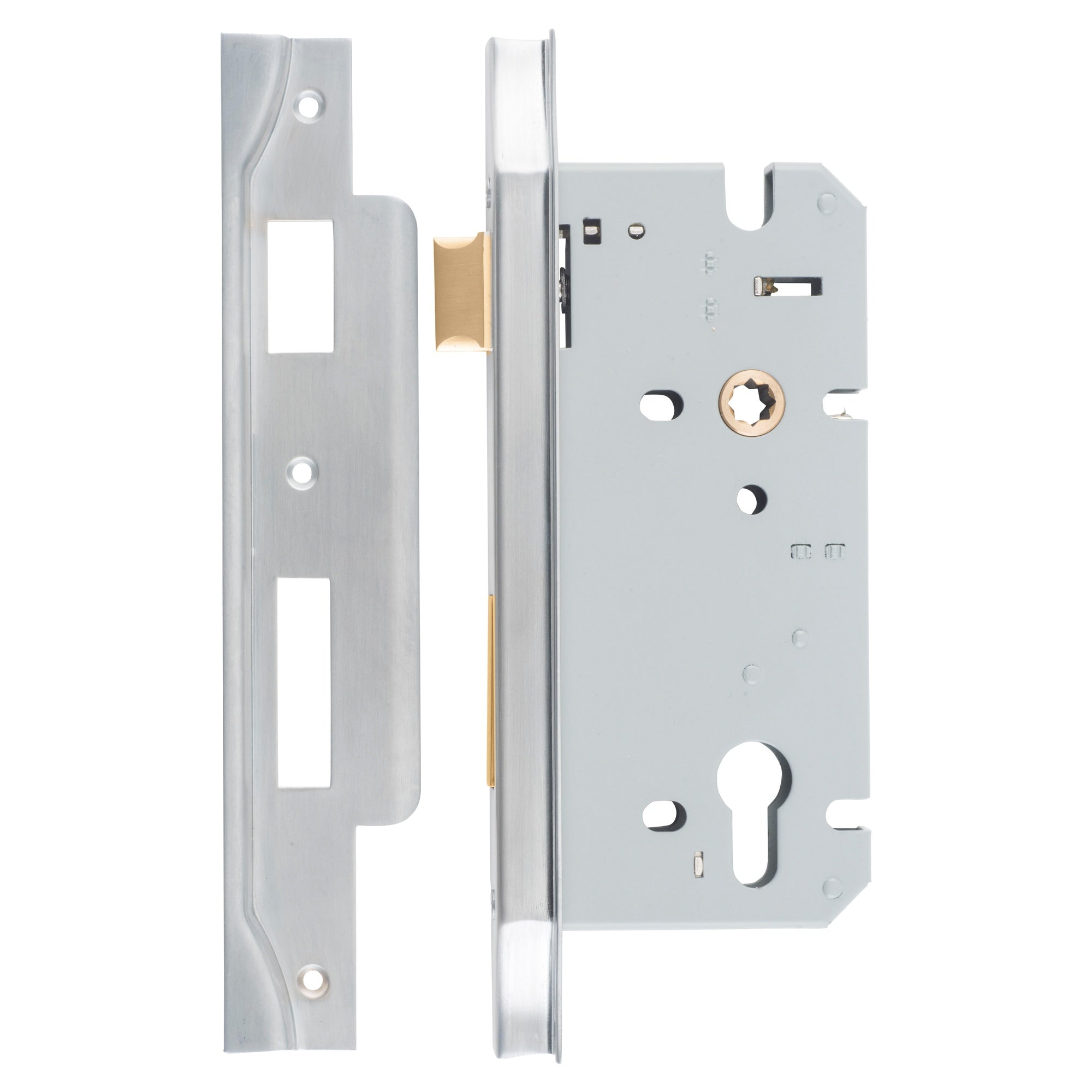 Mortice Lock Euro Rebated CTC85mm Backset 60mm Brushed Chrome, Satin Chrome