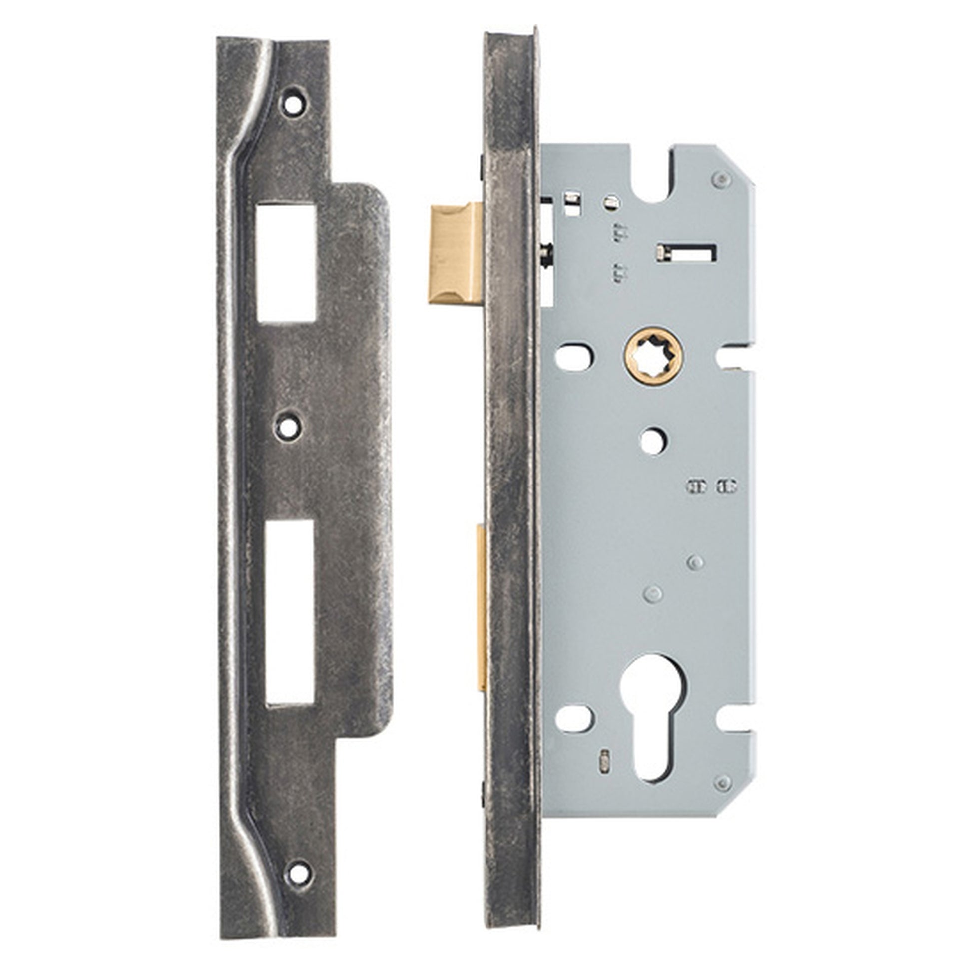 Mortice Lock Euro Rebated CTC85mm Backset 45mm Distressed Nickel, Rumbled Nickel