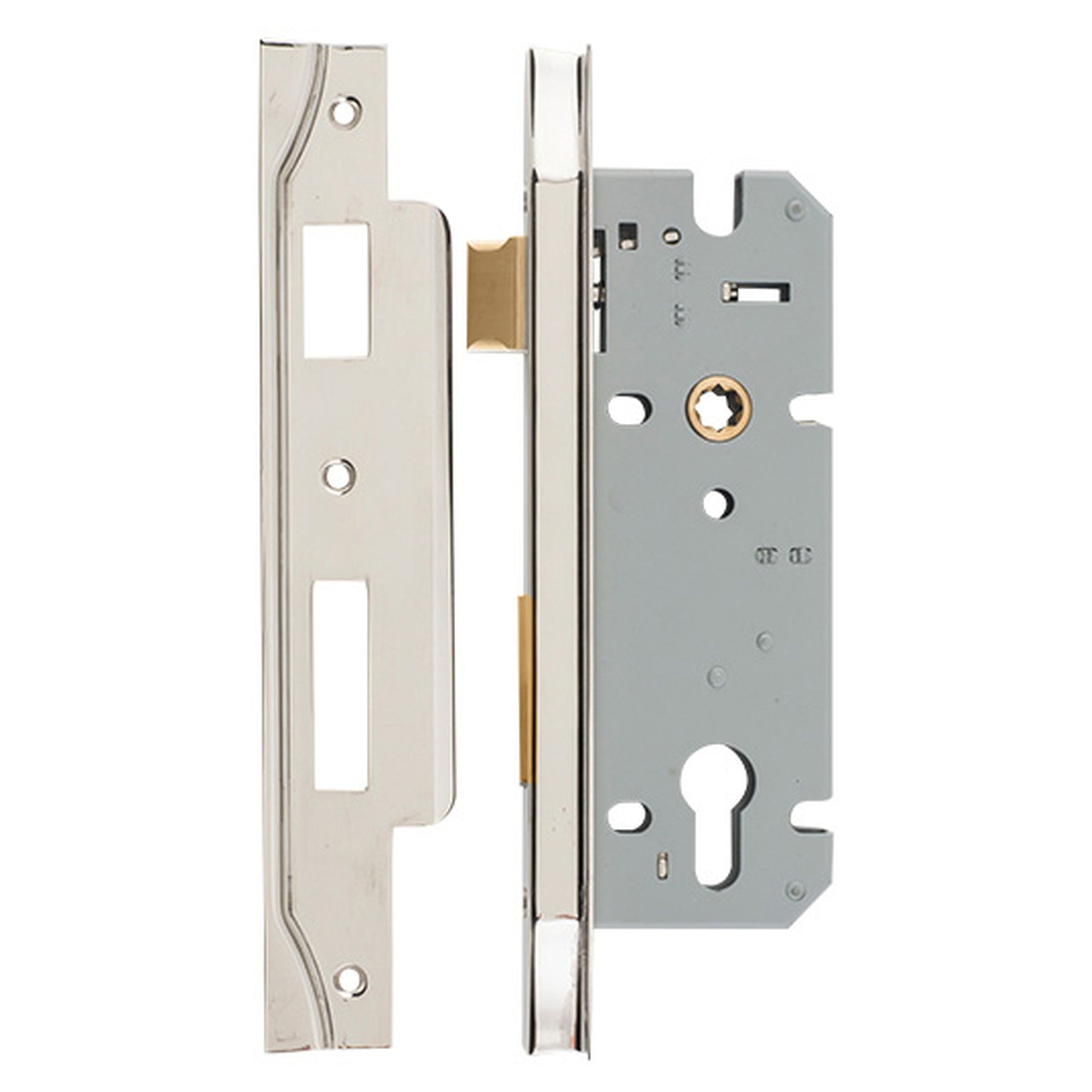 Mortice Lock Euro Rebated CTC85mm Backset 45mm, Polished Nickel