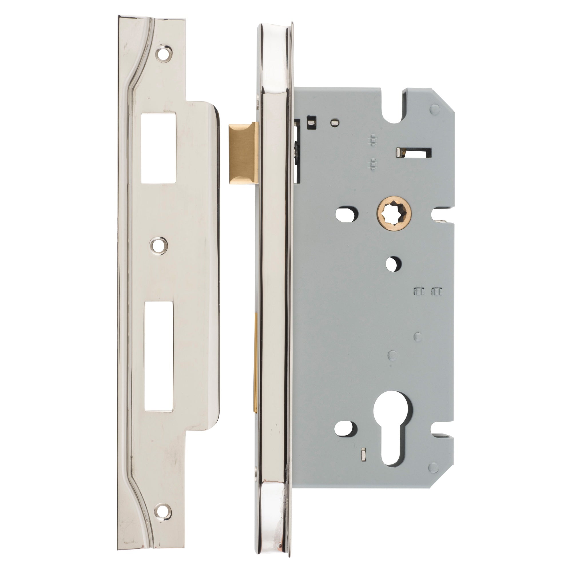 Rebated 85mm Euro Mortice Locks 60mm Backset, Polished Nickel
