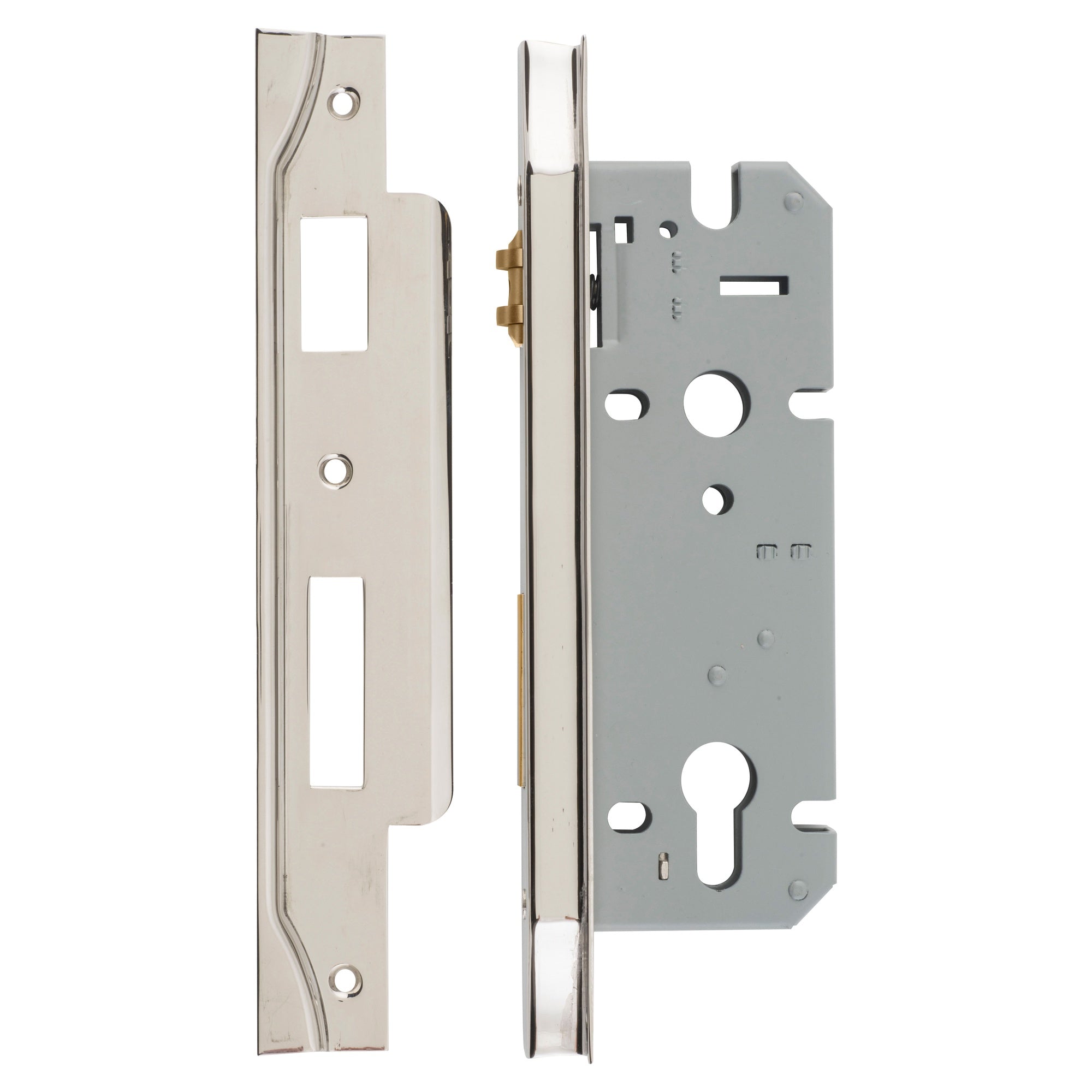 Mortice Lock Roller Euro Rebated CTC85mm BS45mm, Polished Nickel