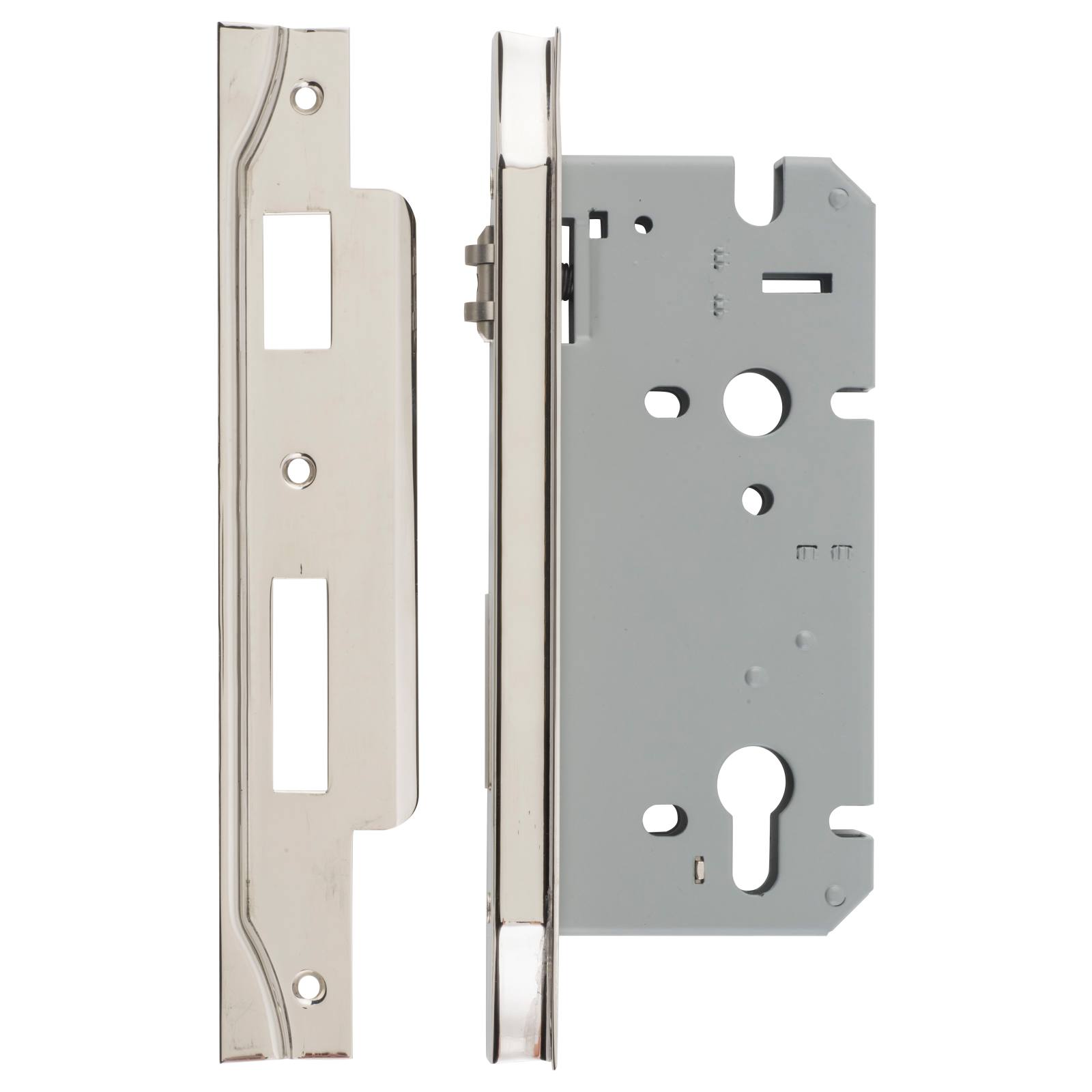 Rebated 85mm Roller Euro Mortice Locks 60mm Backset, Polished Nickel