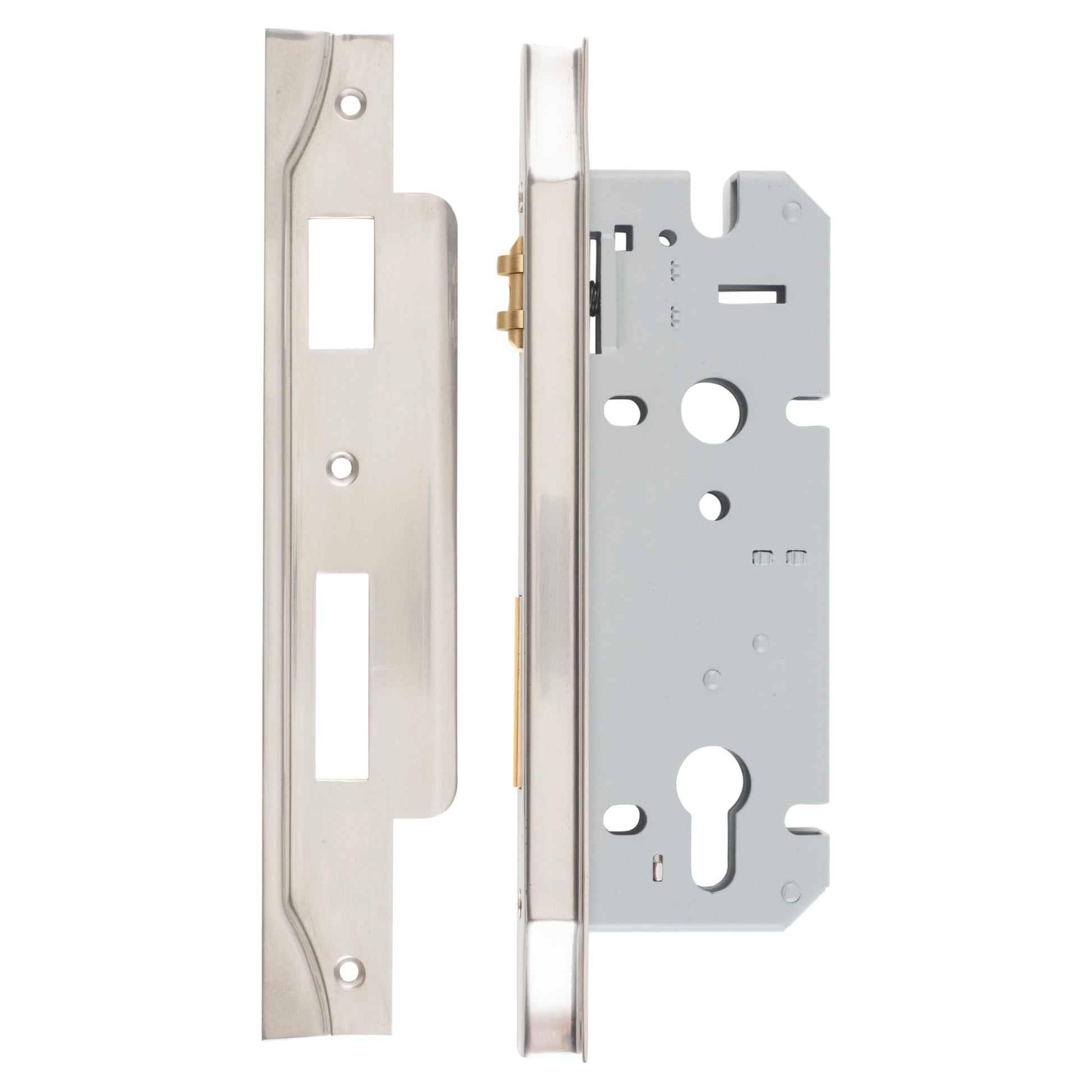 Mortice Lock Roller Euro Rebated CTC85mm BS45mm, Satin Nickel