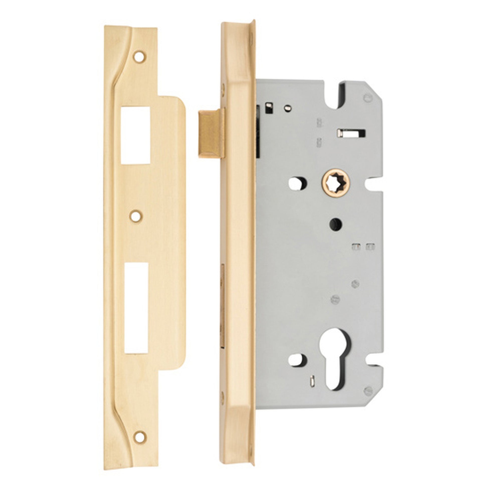 Mortice Lock Euro Rebated CTC85mm Backset 60mm Brushed Brass, Satin Brass