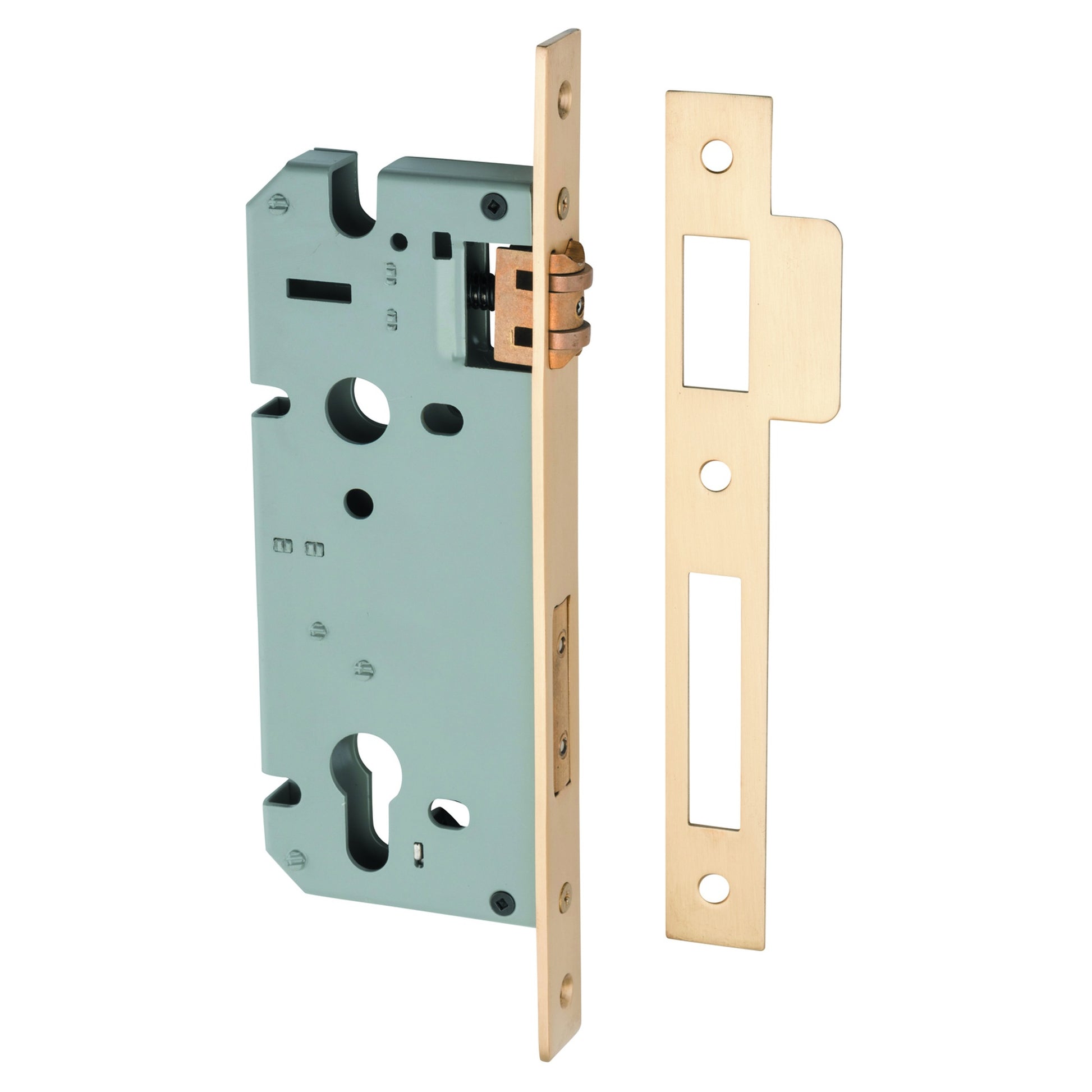 Mortice Lock Roller Euro CTC85mm Backset 45mm Brushed Brass, Satin Brass