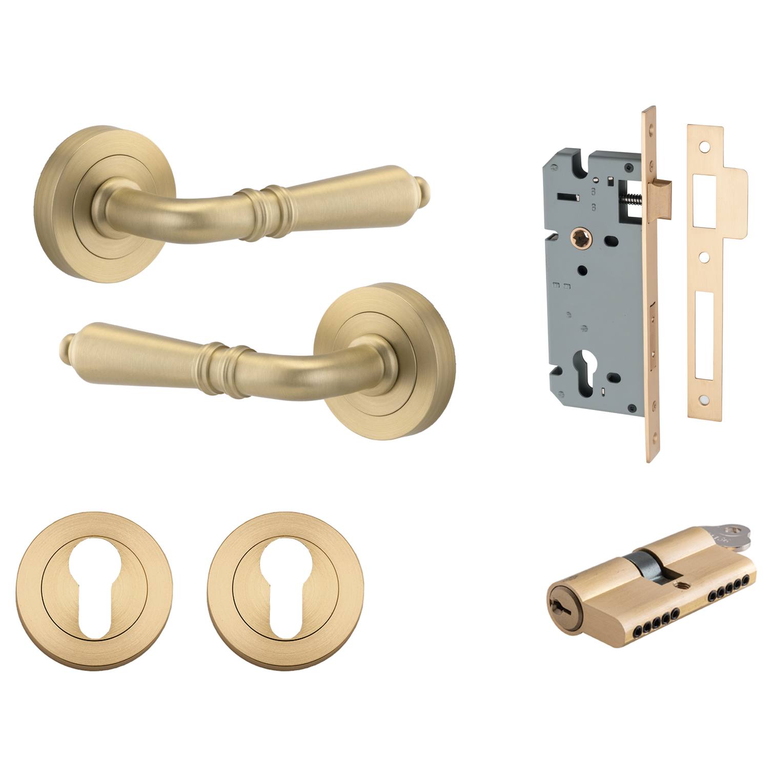 Sarlat Lever Round Rose Entrance Kit w Separate High Security Lock Brushed Brass