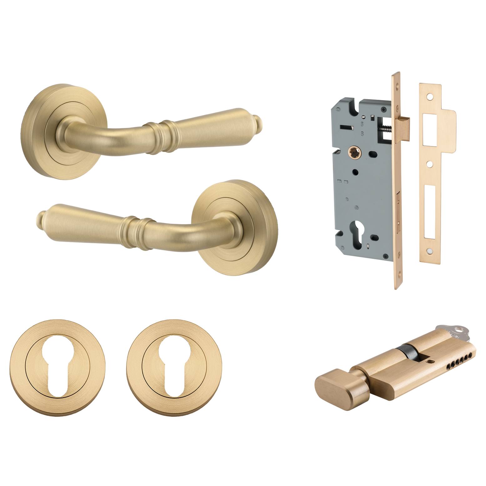 Sarlat Lever Round Rose Entrance Kit w Separate High Security Lock Brushed Brass