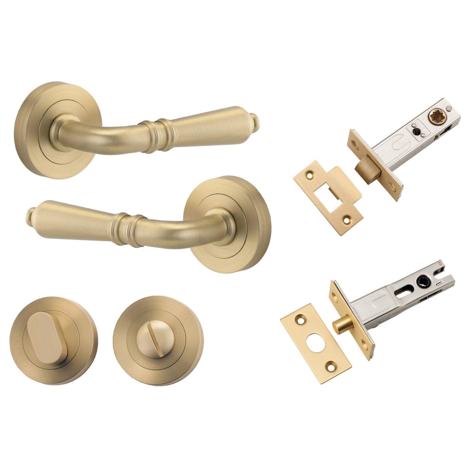 Sarlat Lever Round Rose Privacy Kit w Separate Privacy Turn Brushed Brass