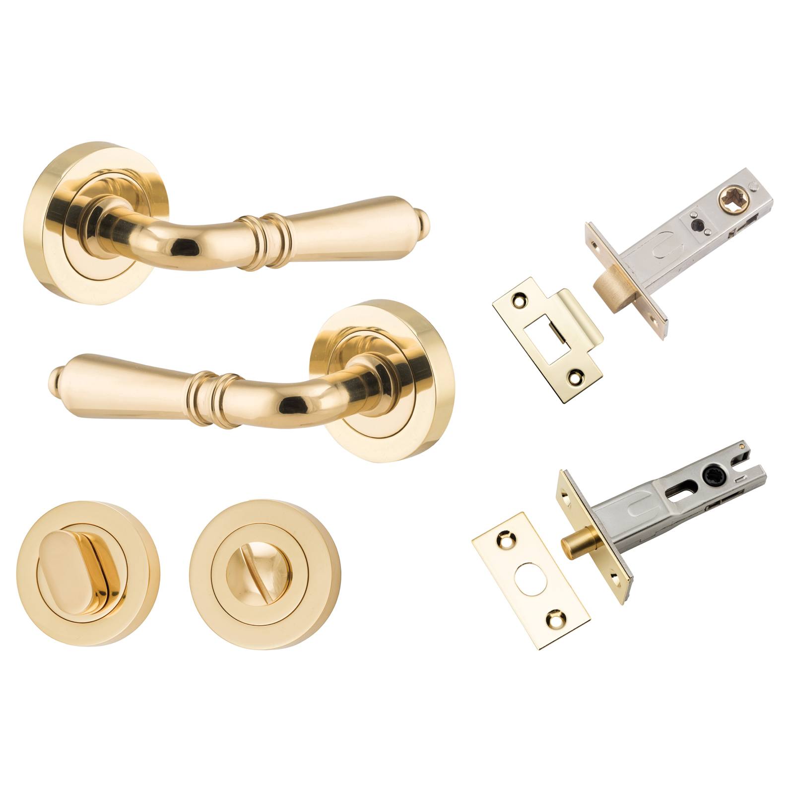 Sarlat Lever Round Rose Privacy Kit w Separate Privacy Turn Polished Brass