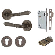 Sarlat Lever Round Rose Entrance Kit w Separate High Security Lock Signature Brass