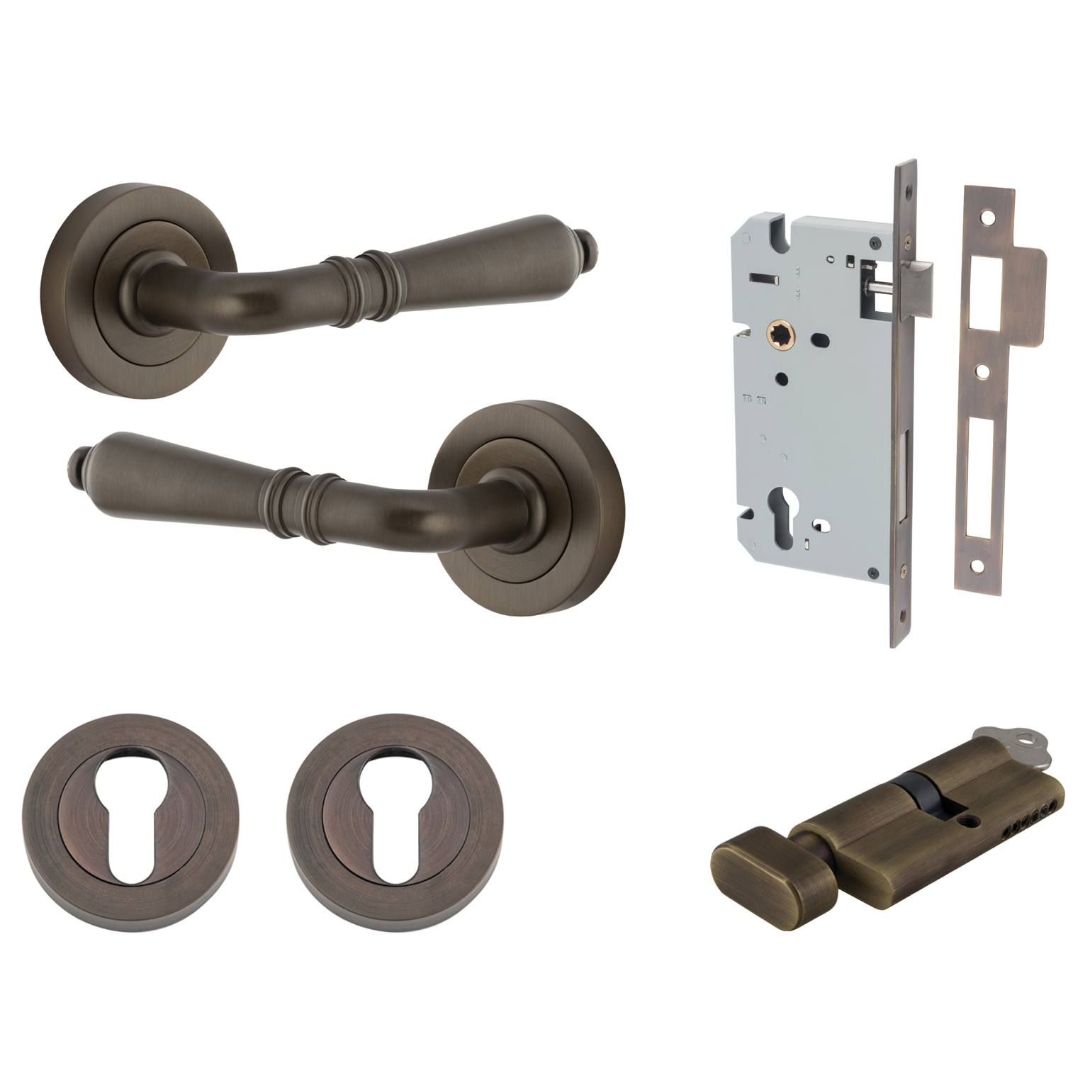 Sarlat Lever Round Rose Entrance Kit with Separate High Security Lock Signature Brass