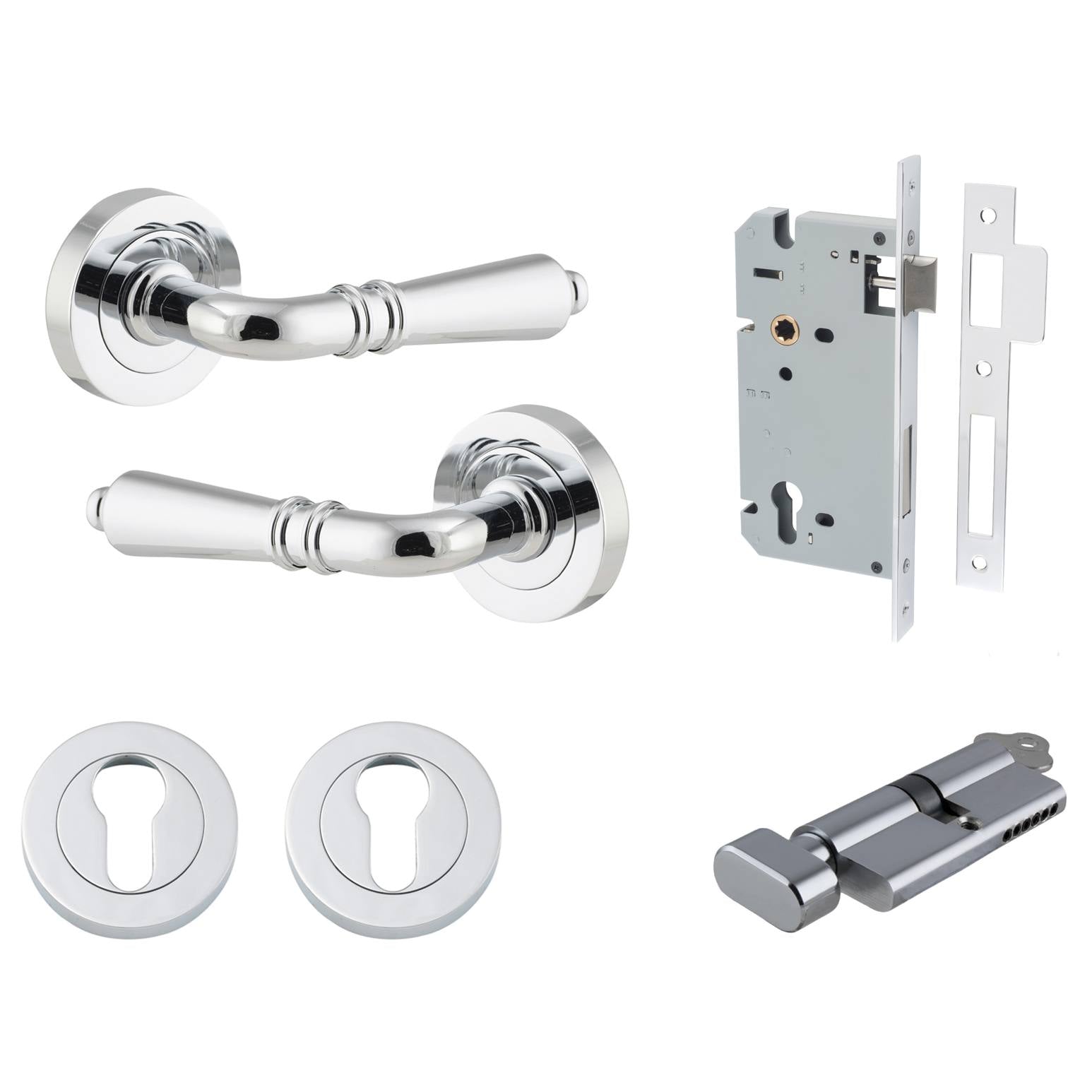 Sarlat Lever Round Rose Entrance Kit with Separate High Security Lock Polished Chrome