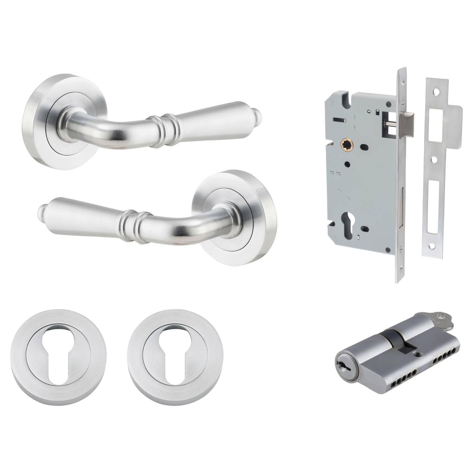 Sarlat Lever Round Rose Entrance Kit w Separate High Security Lock Brushed Chrome