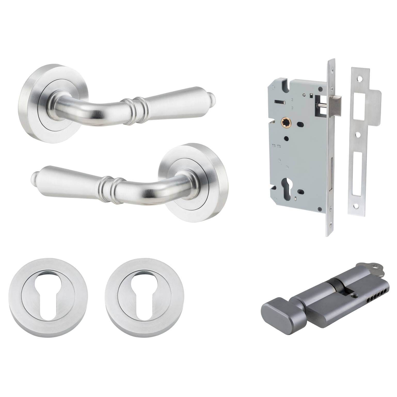 Sarlat Lever Round Rose Entrance Kit w Separate High Security Lock Brushed Chrome