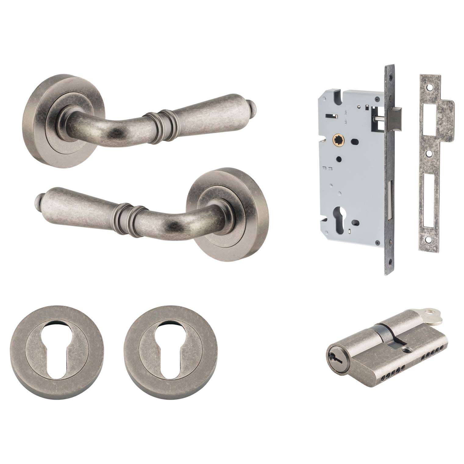 Sarlat Lever Round Rose Entrance Kit w Separate High Security Lock Distressed Nickel