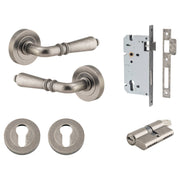 Sarlat Lever Round Rose Entrance Kit w Separate High Security Lock Distressed Nickel