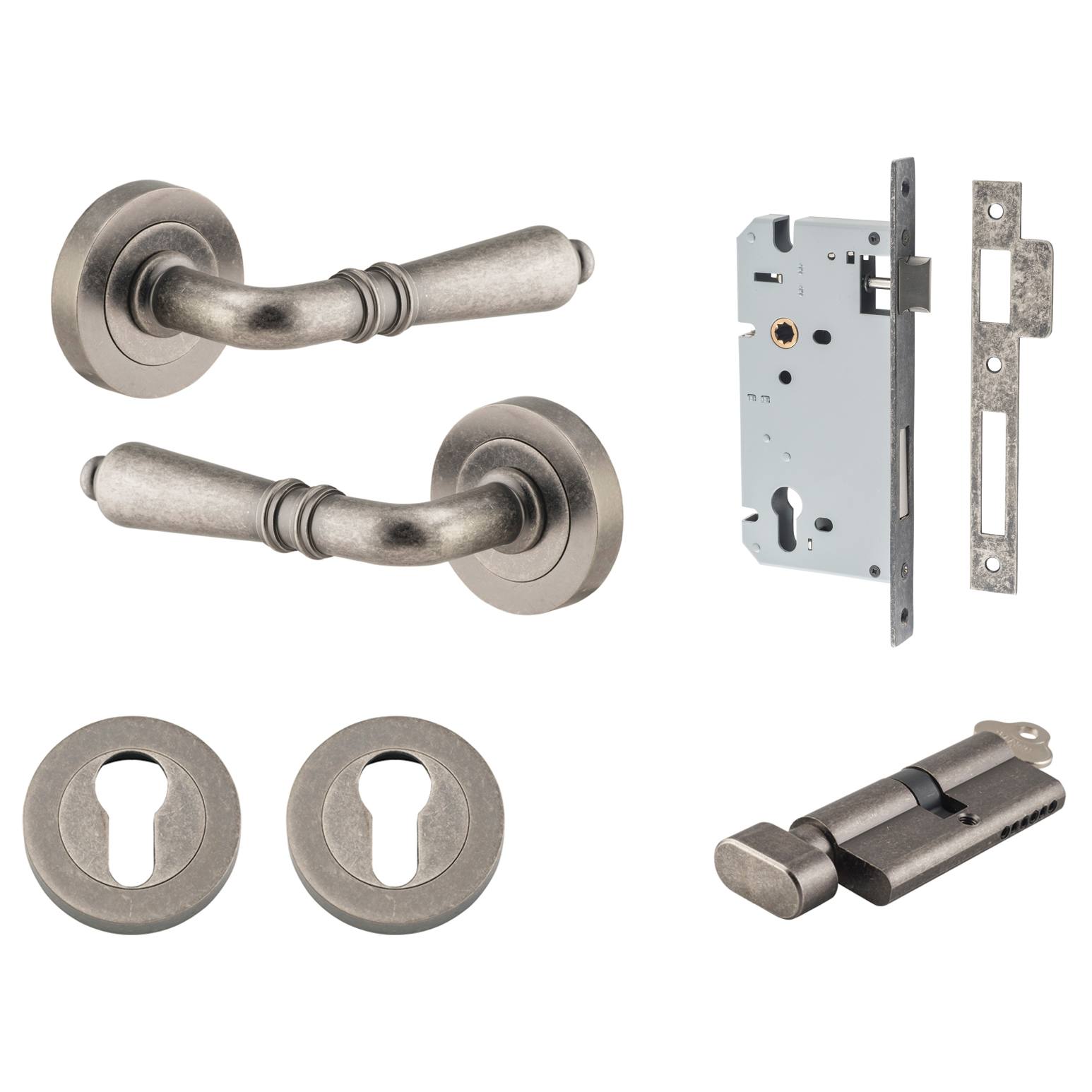 Sarlat Lever Round Rose Entrance Kit w Separate High Security Lock Distressed Nickel