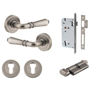 Sarlat Lever Round Rose Entrance Kit w Separate High Security Lock Distressed Nickel