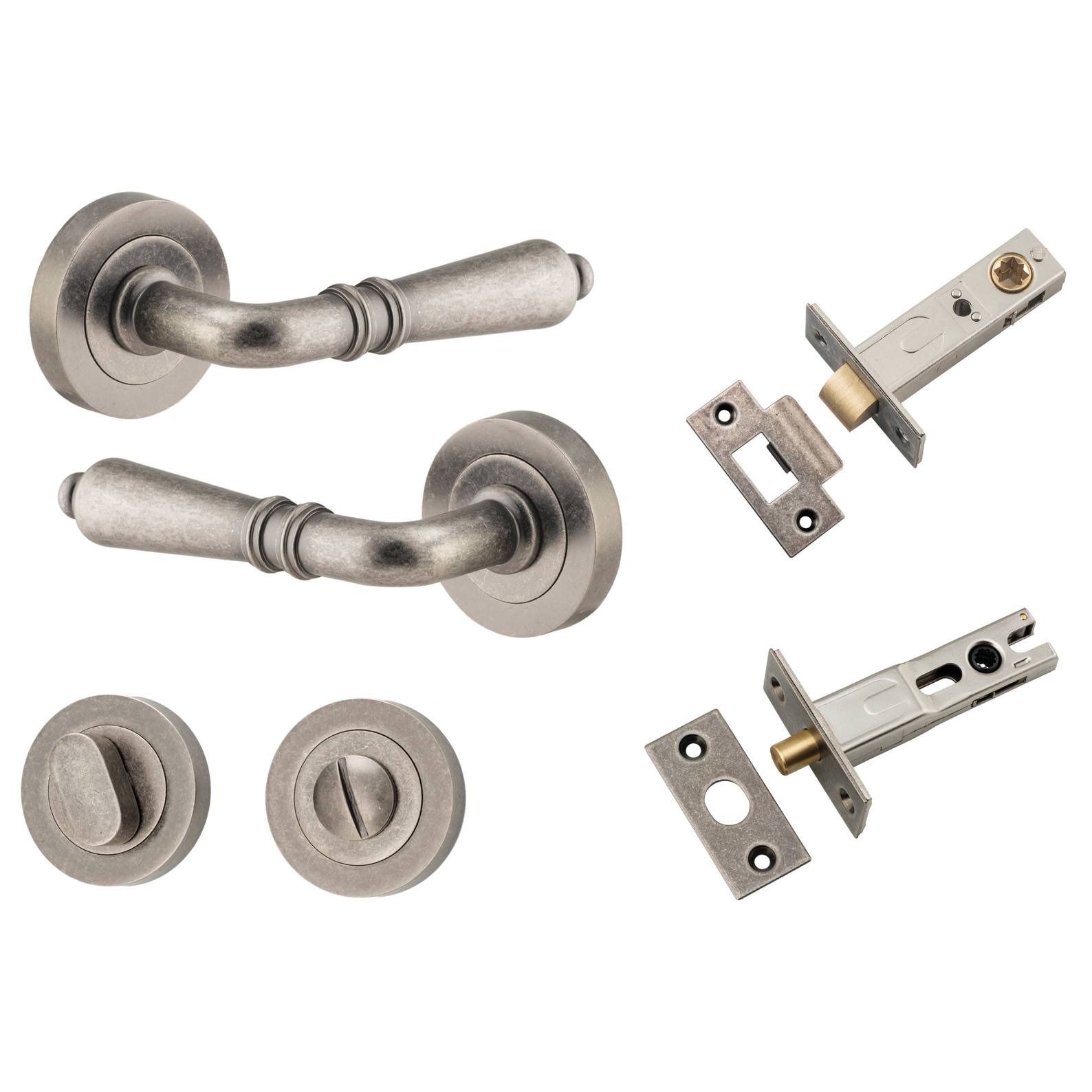 Sarlat Lever Round Rose Privacy Kit w Separate Privacy Turn Distressed Nickel