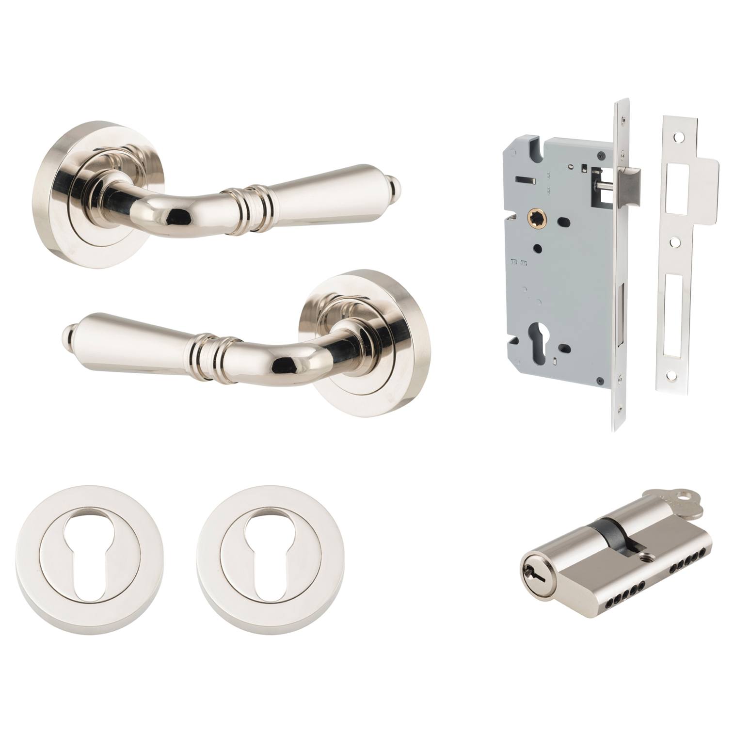 Sarlat Lever Round Rose Entrance Kit w Separate High Security Lock Polished Nickel