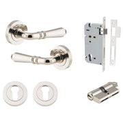 Sarlat Lever Round Rose Entrance Kit w Separate High Security Lock Polished Nickel