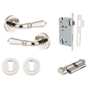 Sarlat Lever Round Rose Entrance Kit w Separate High Security Lock Polished Nickel