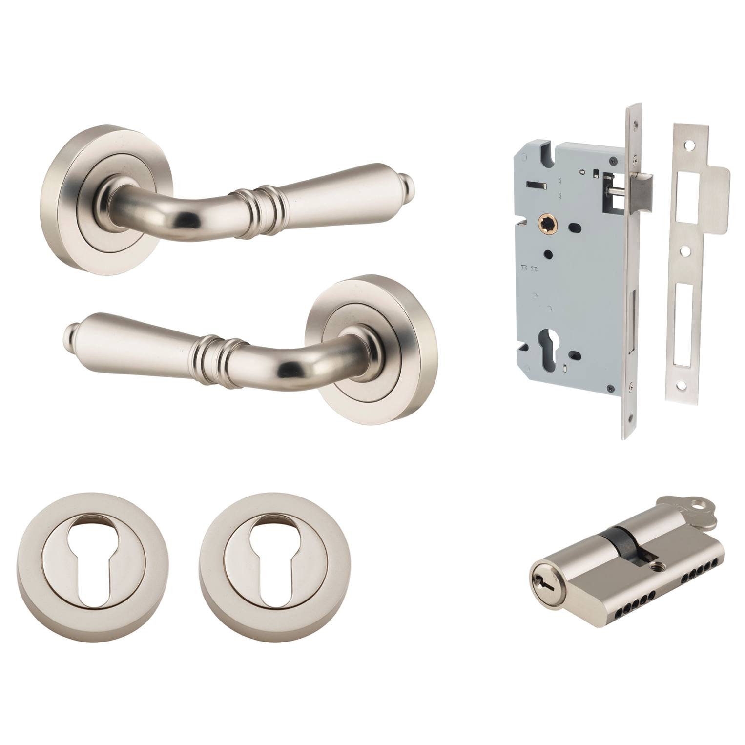 Sarlat Lever Round Rose Entrance Kit w Separate High Security Lock Satin Nickel