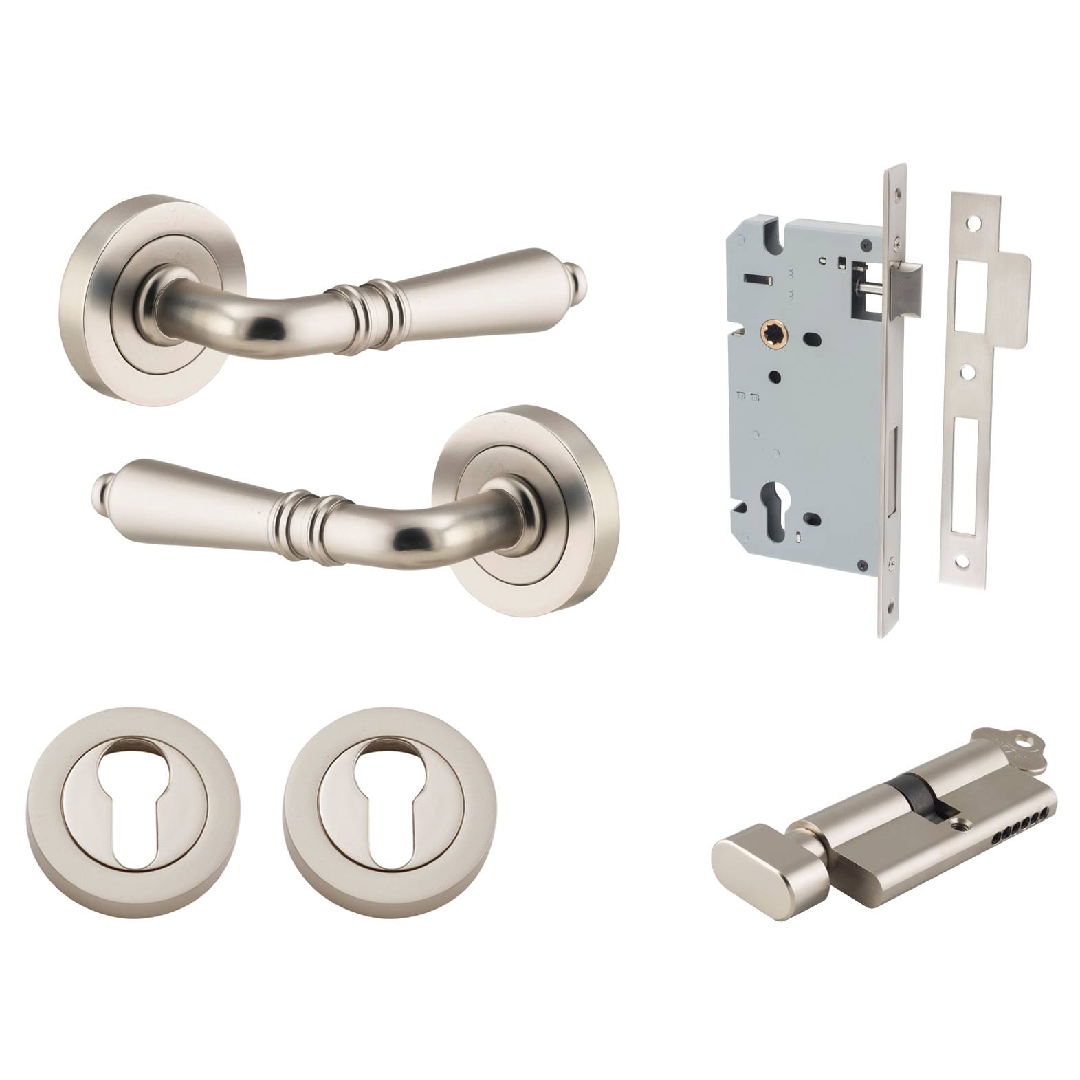 Sarlat Lever Round Rose Entrance Kit with Separate High Security Lock Satin Nickel