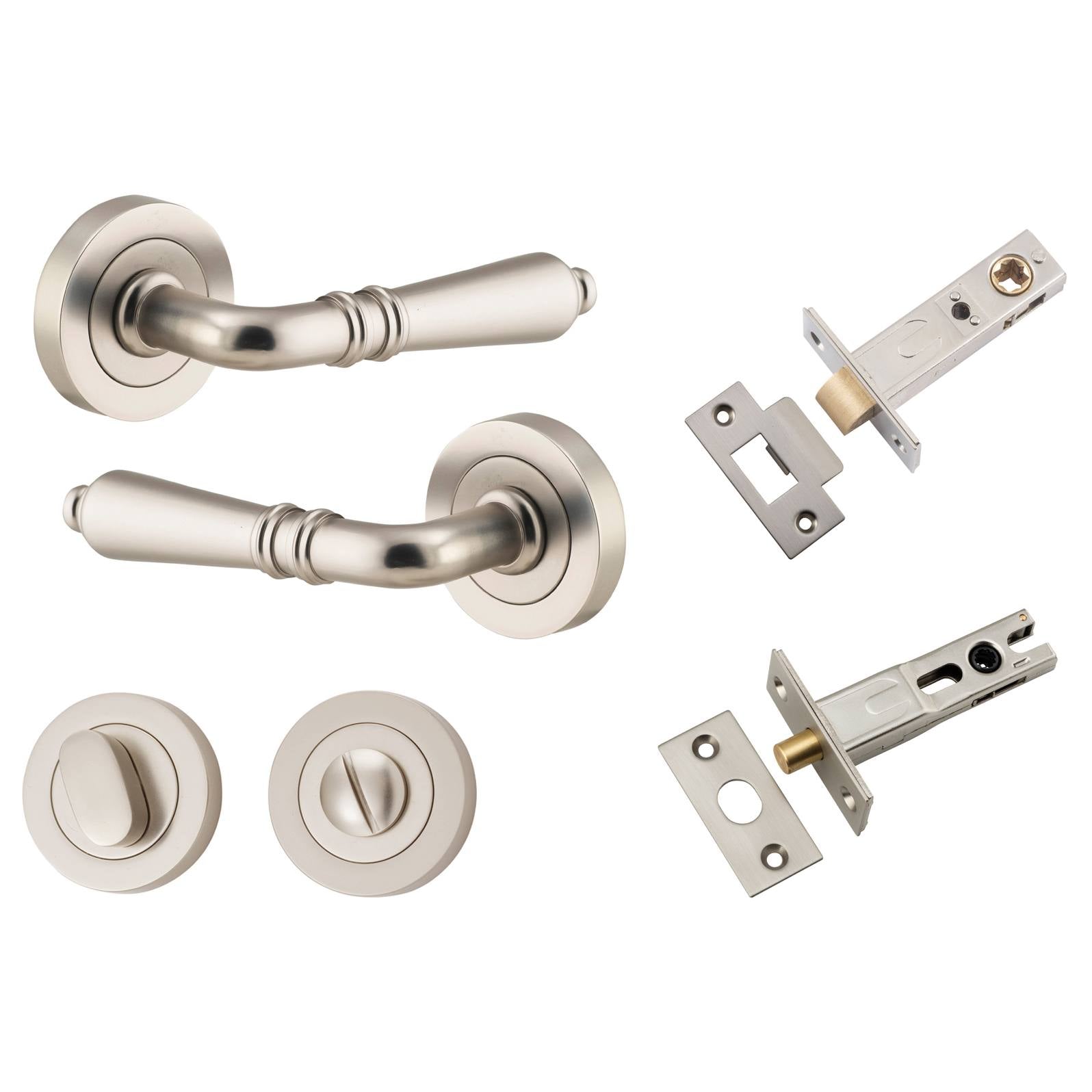 Sarlat Lever Round Rose Privacy Kit w Separate Privacy Turn Satin Nickel