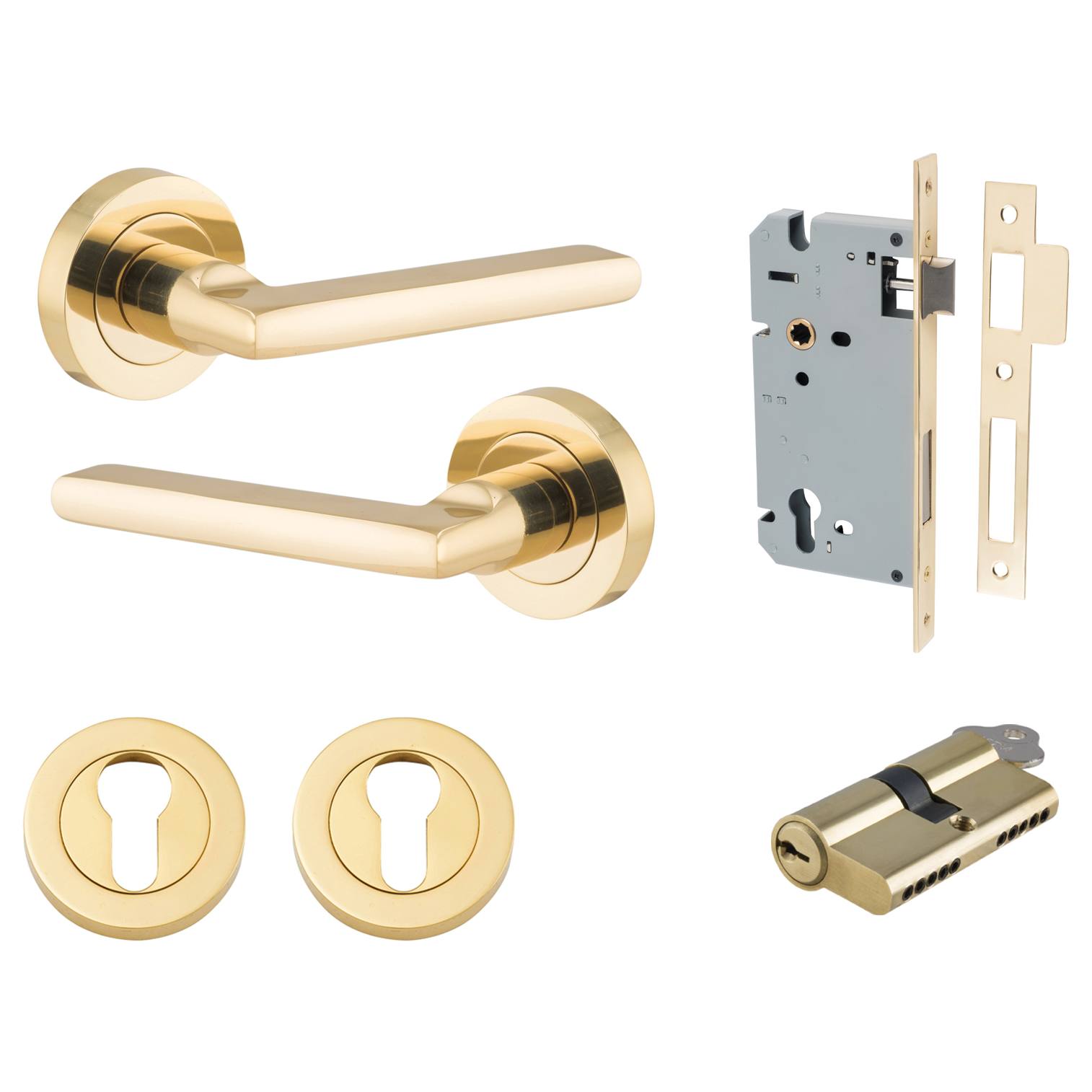 Baltimore Lever Round Rose Entrance Kit w Separate High Security Lock Polished Brass