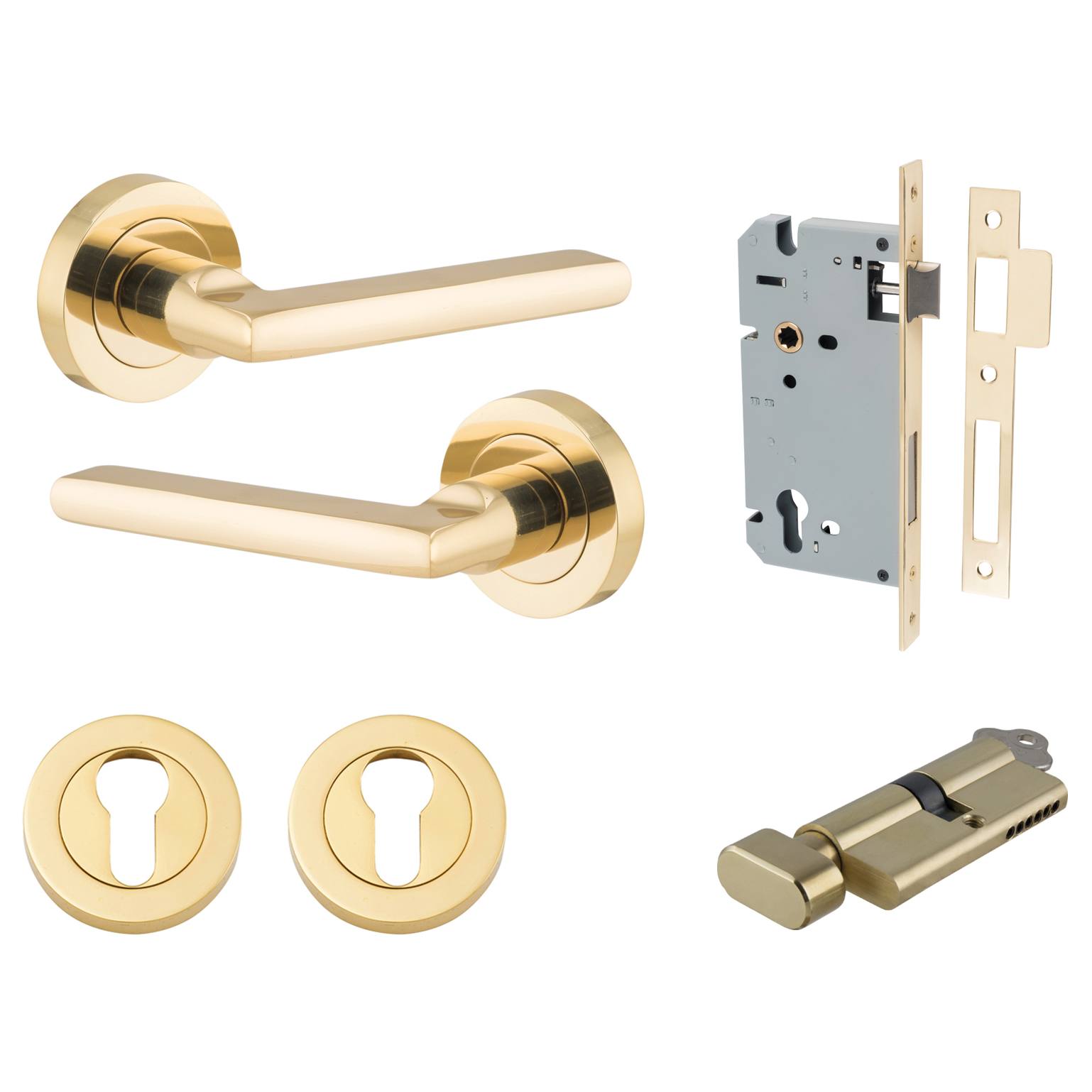 Baltimore Lever Round Rose Entrance Kit w Separate High Security Lock Polished Brass