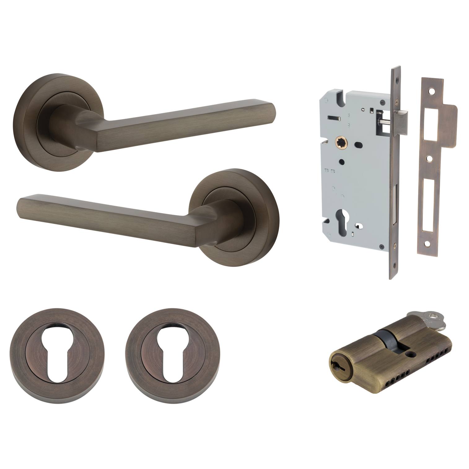 Baltimore Lever Round Rose Entrance Kit w Separate High Security Lock Signature Brass