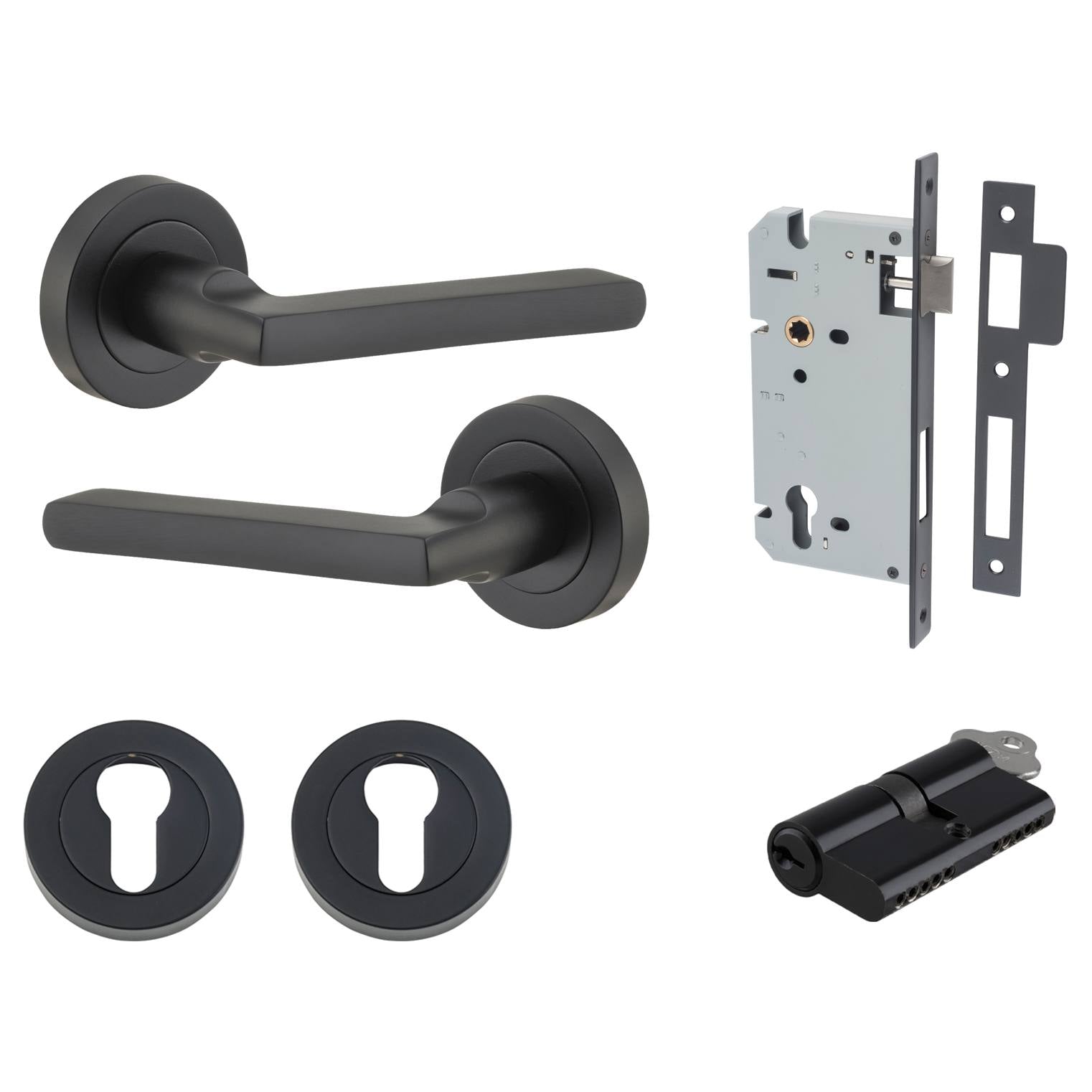 Baltimore Lever Round Rose Entrance Kit w Separate High Security Lock Matt Black