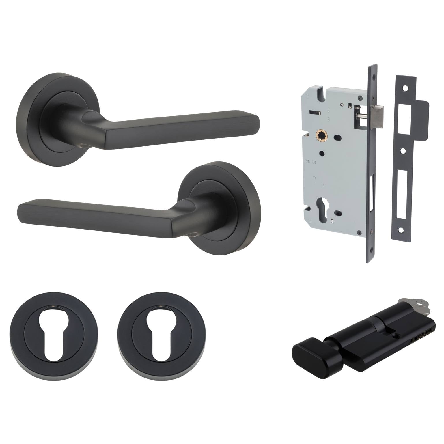 Baltimore Lever Round Rose Entrance Kit w Separate High Security Lock Matt Black