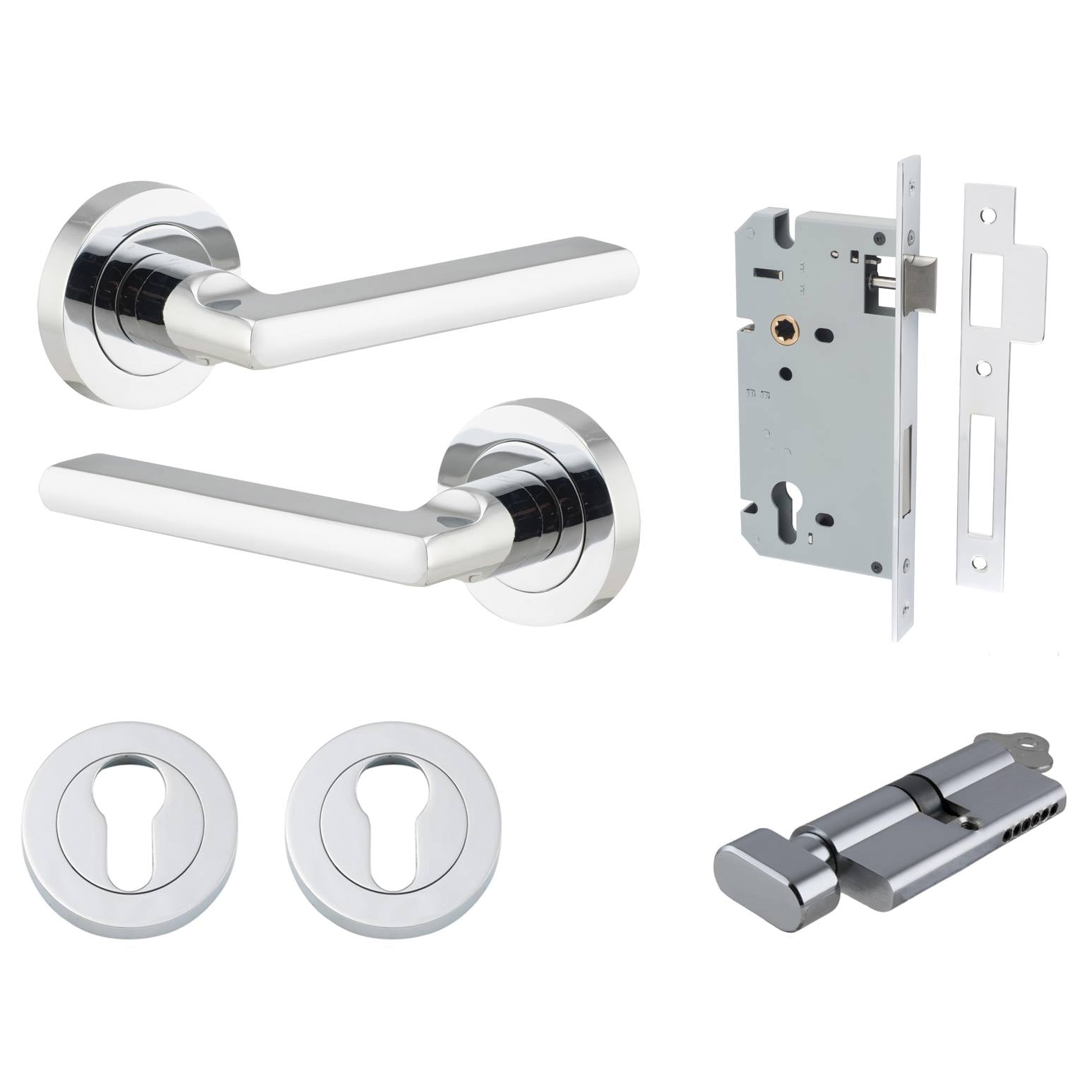 Baltimore Lever Round Rose Entrance Kit w Separate High Security Lock Polished Chrome