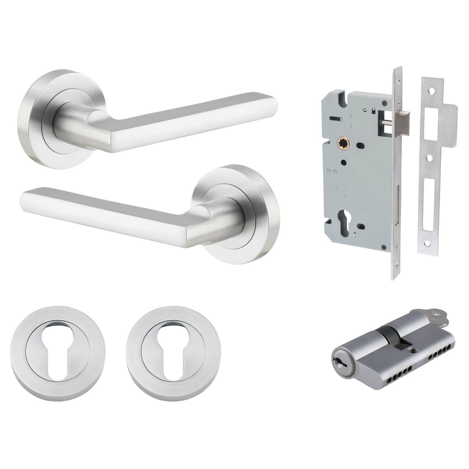 Baltimore Lever Round Rose Entrance Kit w Separate High Security Lock Brushed Chrome