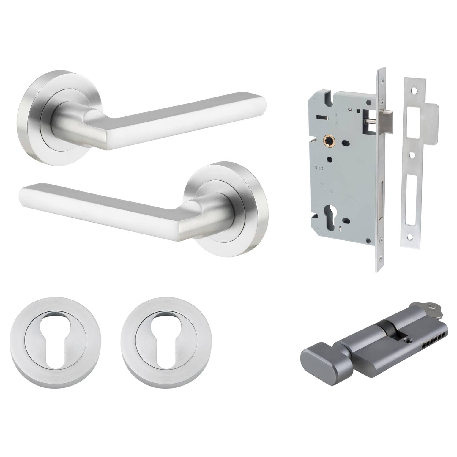 Baltimore Lever Round Rose Entrance Kit w Separate High Security Lock Brushed Chrome