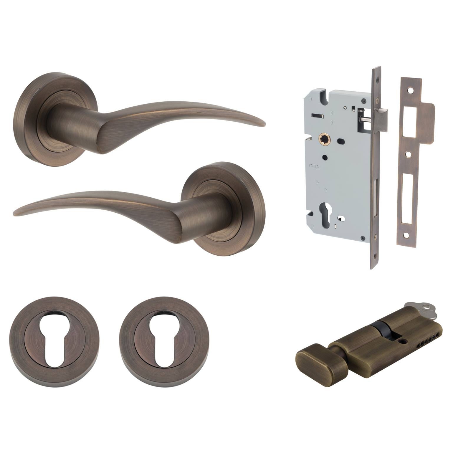 Oxford Lever Round Rose Entrance Kit w Separate High Security Lock Signature Brass