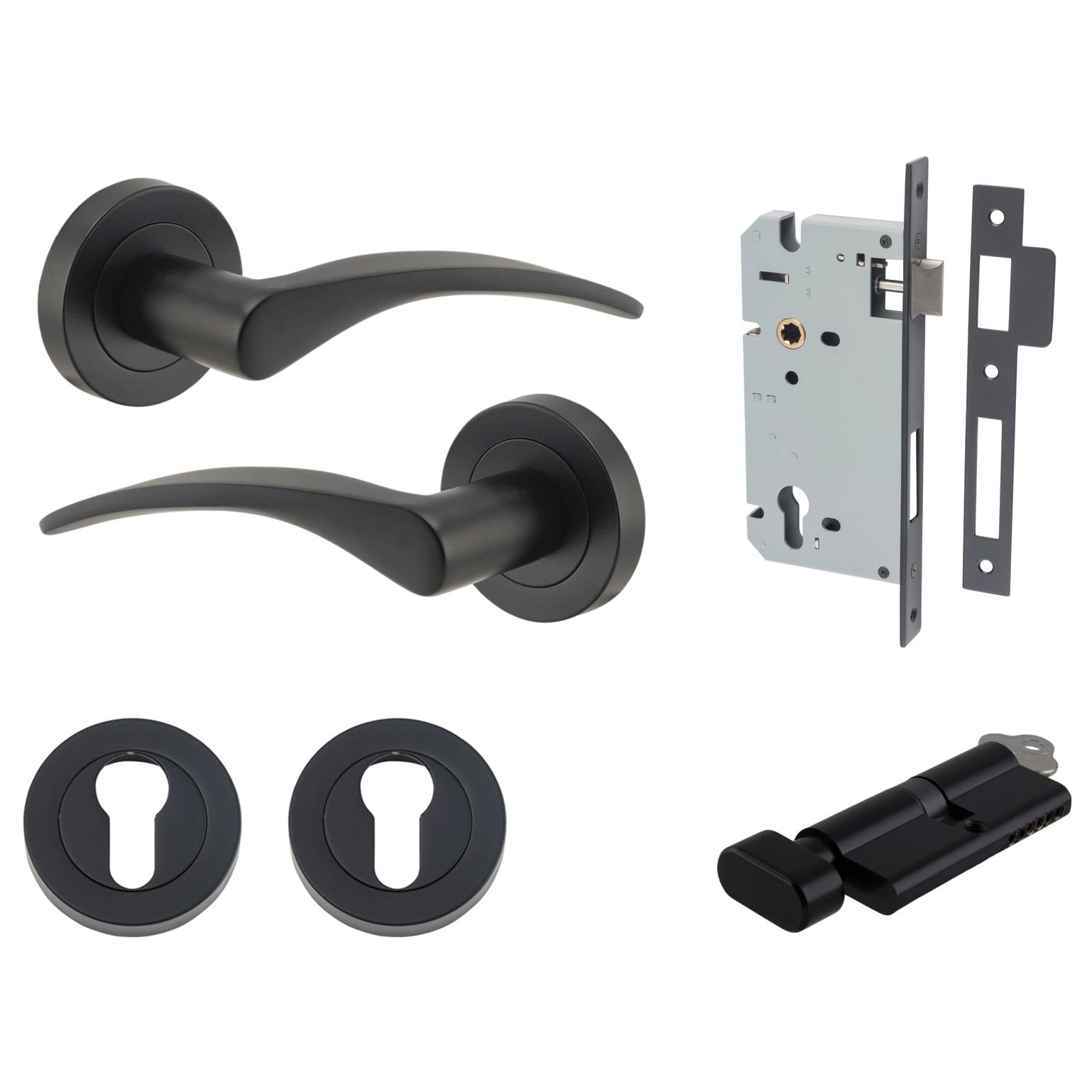 Oxford Lever Round Rose Entrance Kit w Separate High Security Lock Matt Black