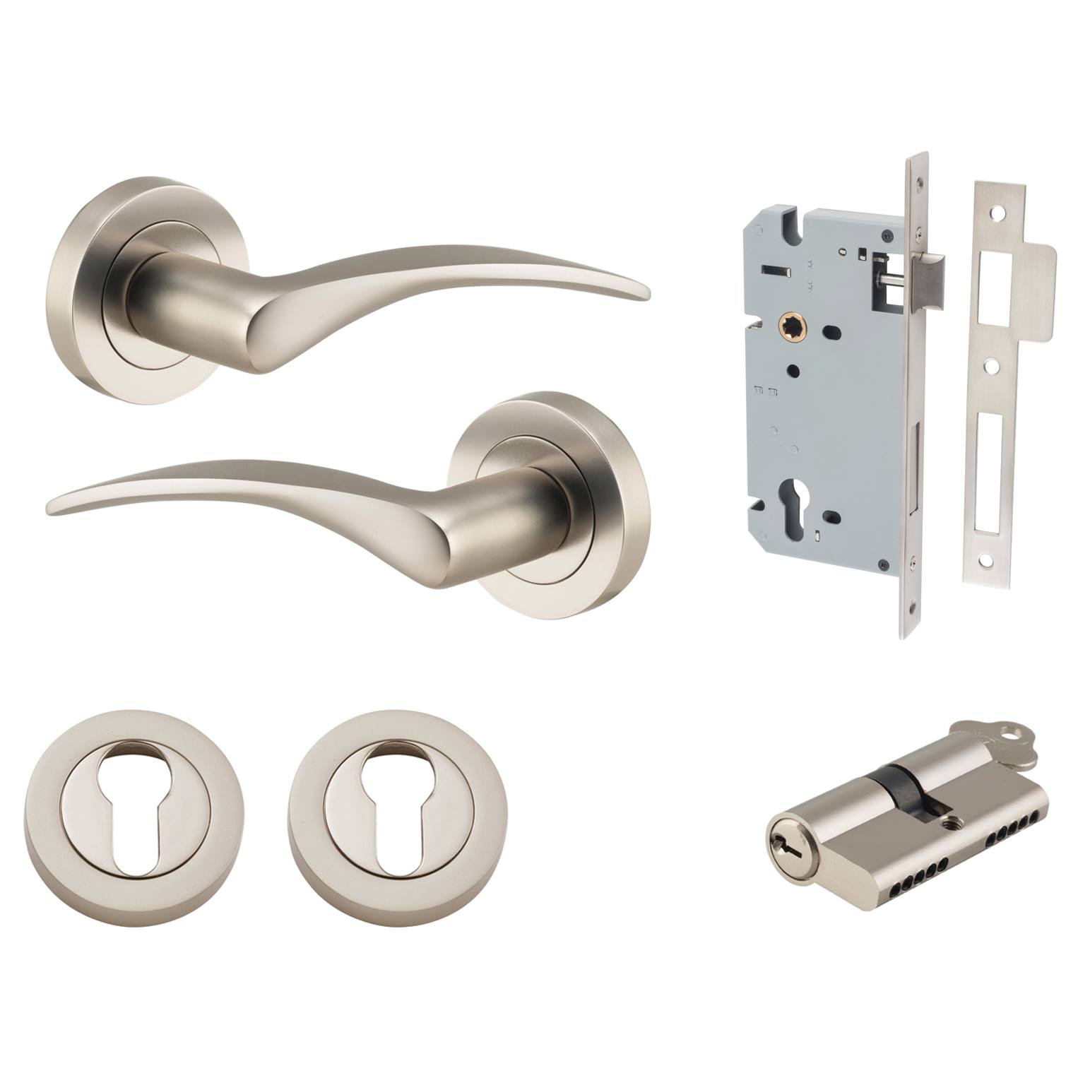 Oxford Lever Round Rose Entrance Kit w Separate High Security Lock Satin Nickel