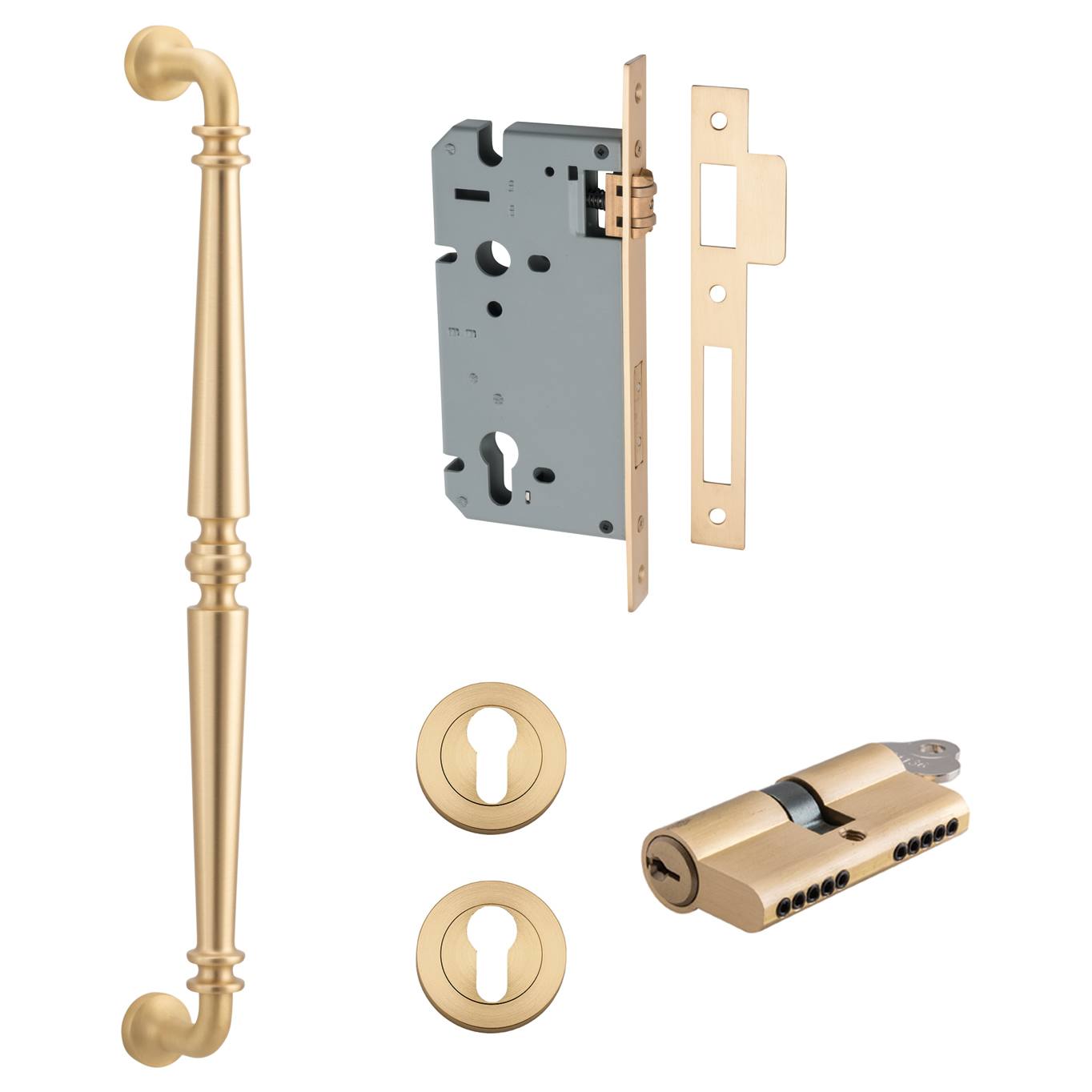 Sarlat Pull Handle 450mm Entrance Kit w Separate High Security Lock Brushed Brass
