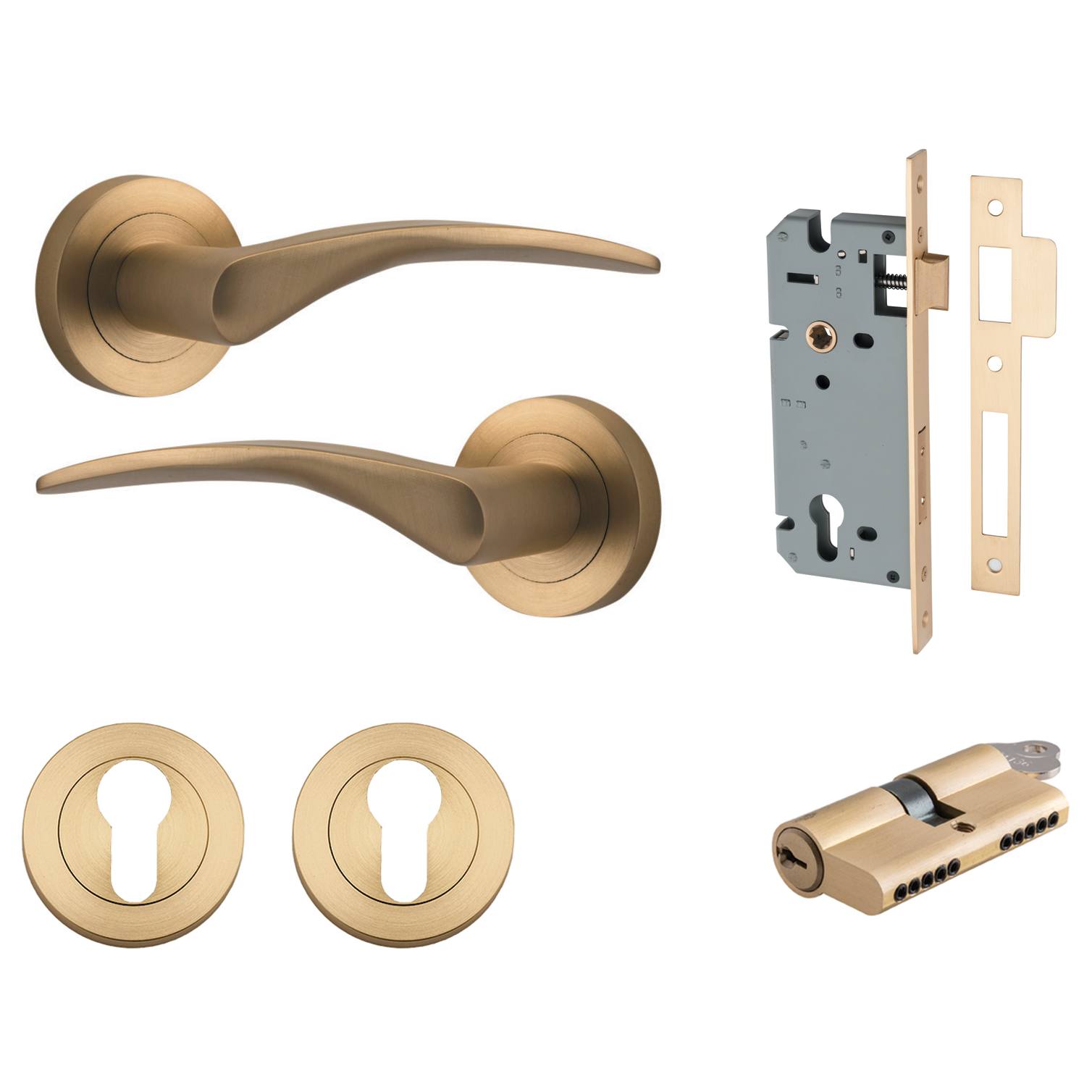 Oxford Lever Round Rose Entrance Kit with Separate High Security Lock Brushed Brass