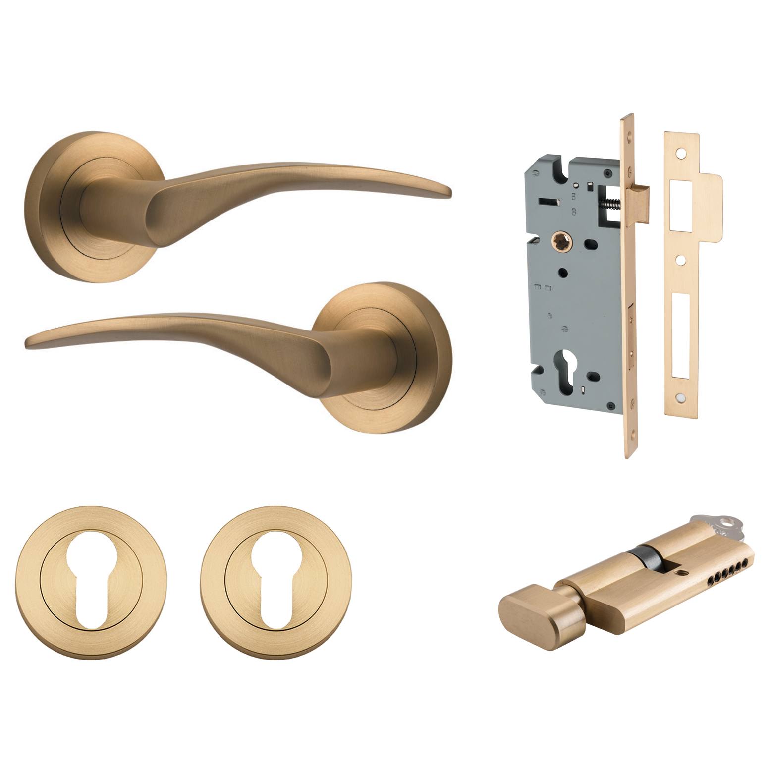 Oxford Lever Round Rose Entrance Kit w Separate High Security Lock Brushed Brass