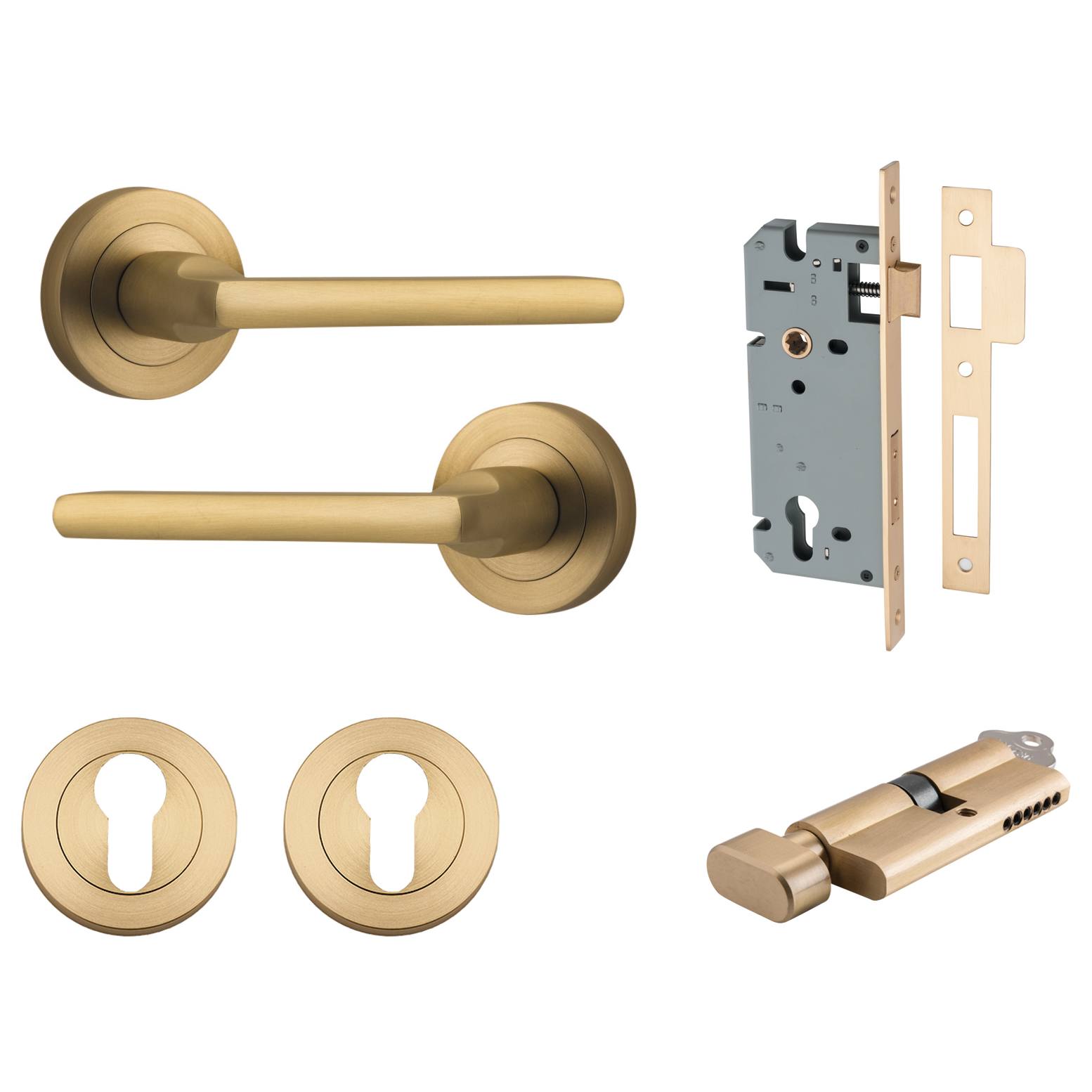 Baltimore Lever Brushed Brass Round Rose Entrance Kit With Separate High Security Lock