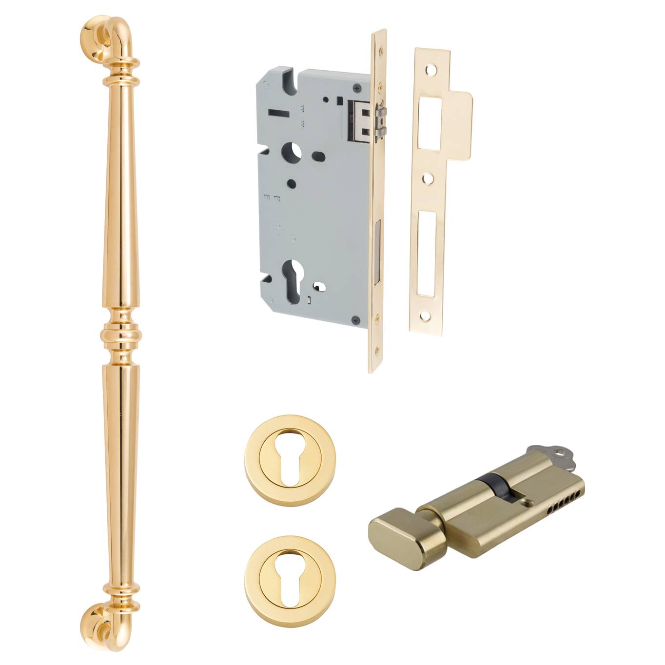 Sarlat Pull Handle 450mm Entrance Kit with Separate High Security Lock Polished Brass