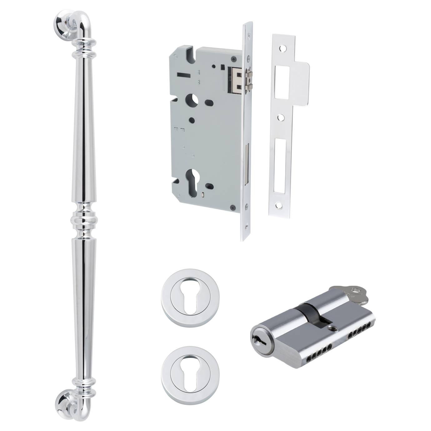 Sarlat Pull Handle 450mm Entrance Kit w Separate High Security Lock Polished Chrome